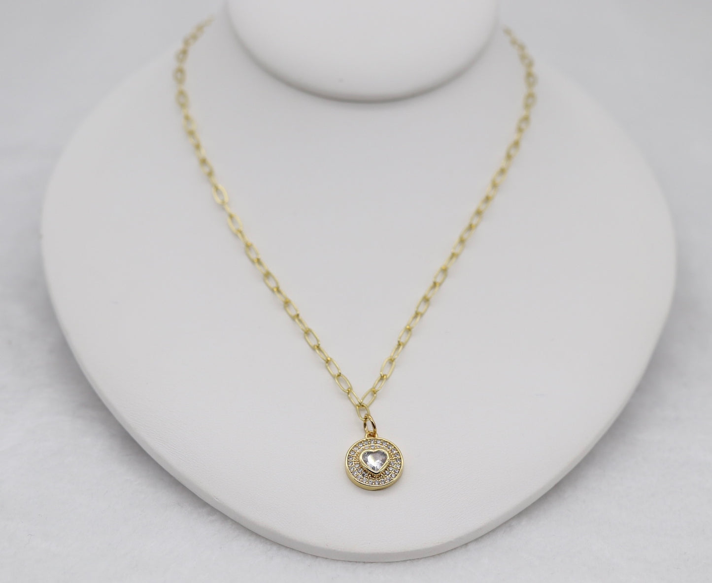 Gold Heart Medallion Necklace – Sparkling Crystal Round Pendant