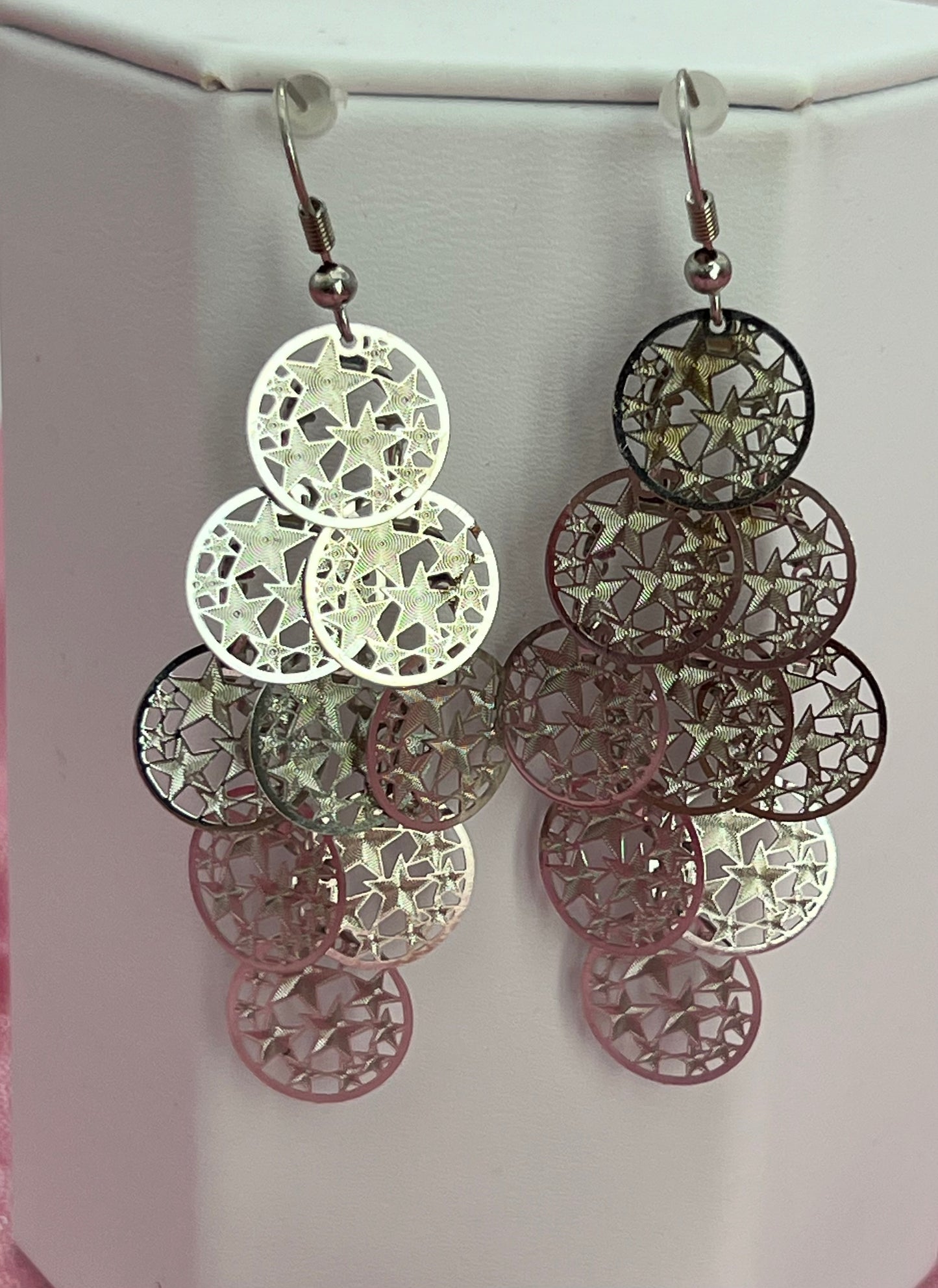 Bohemian Multi Layered Filigree Cut Out Star Circles Dangle Drop Long Statement Earrings, Silver