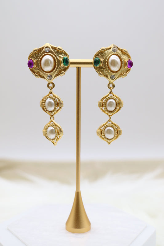 Matte Gold Tiered Drop Clip-On Earrings with Multi-Colored Stones