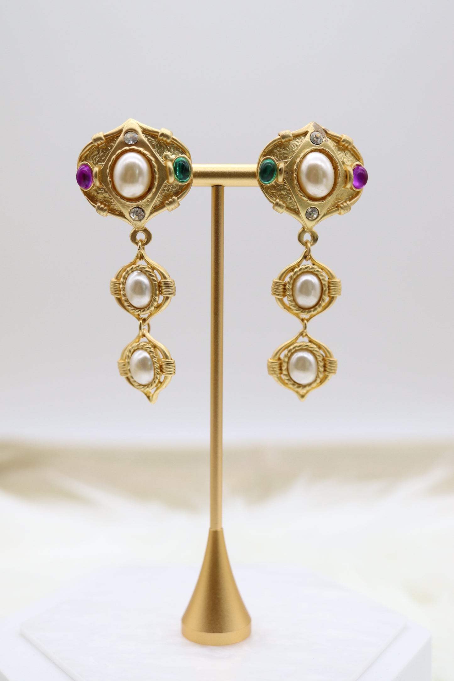 Matte Gold Tiered Drop Clip-On Earrings with Multi-Colored Stones