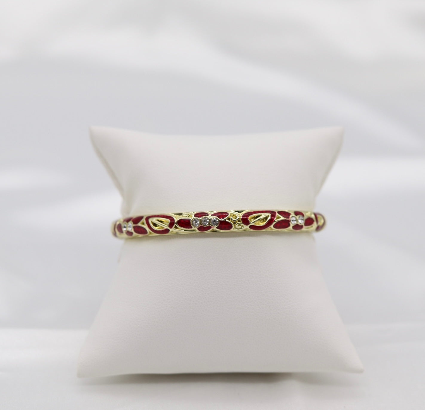 Thin Burgundy With CZ Station Enamel Hinged Bangle Bracelet