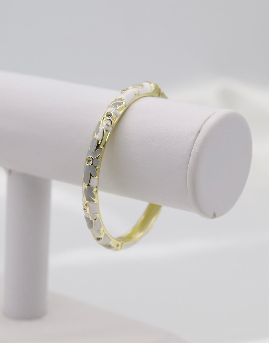 Thin White and Grey With CZ Station Enamel Hinged Bangle Bracelet