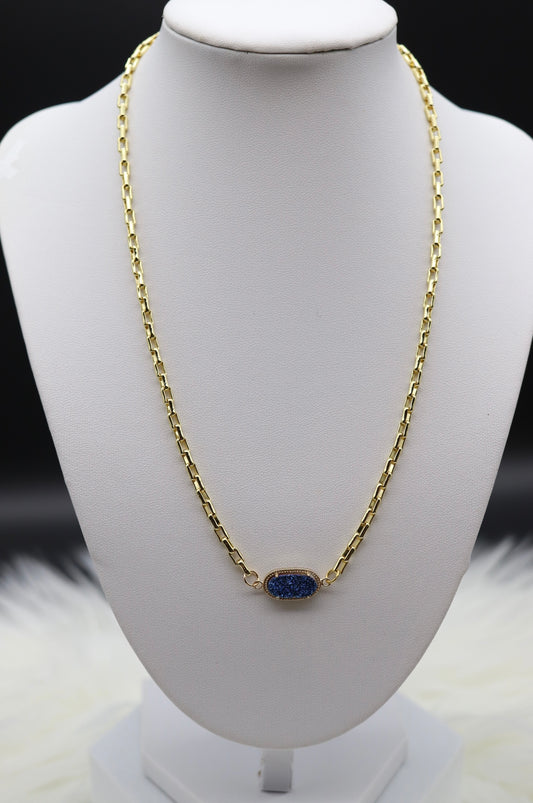 Gold Box Chain With Blue Druzy Pendant