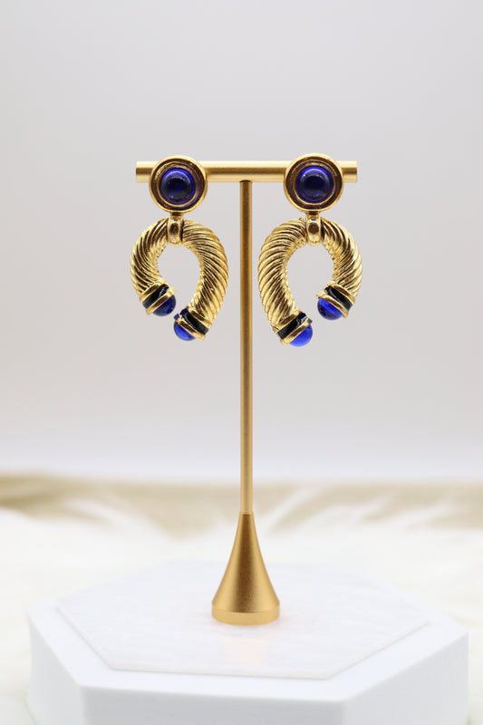 Matte Gold Dangling Earrings with Navy Blue Stones