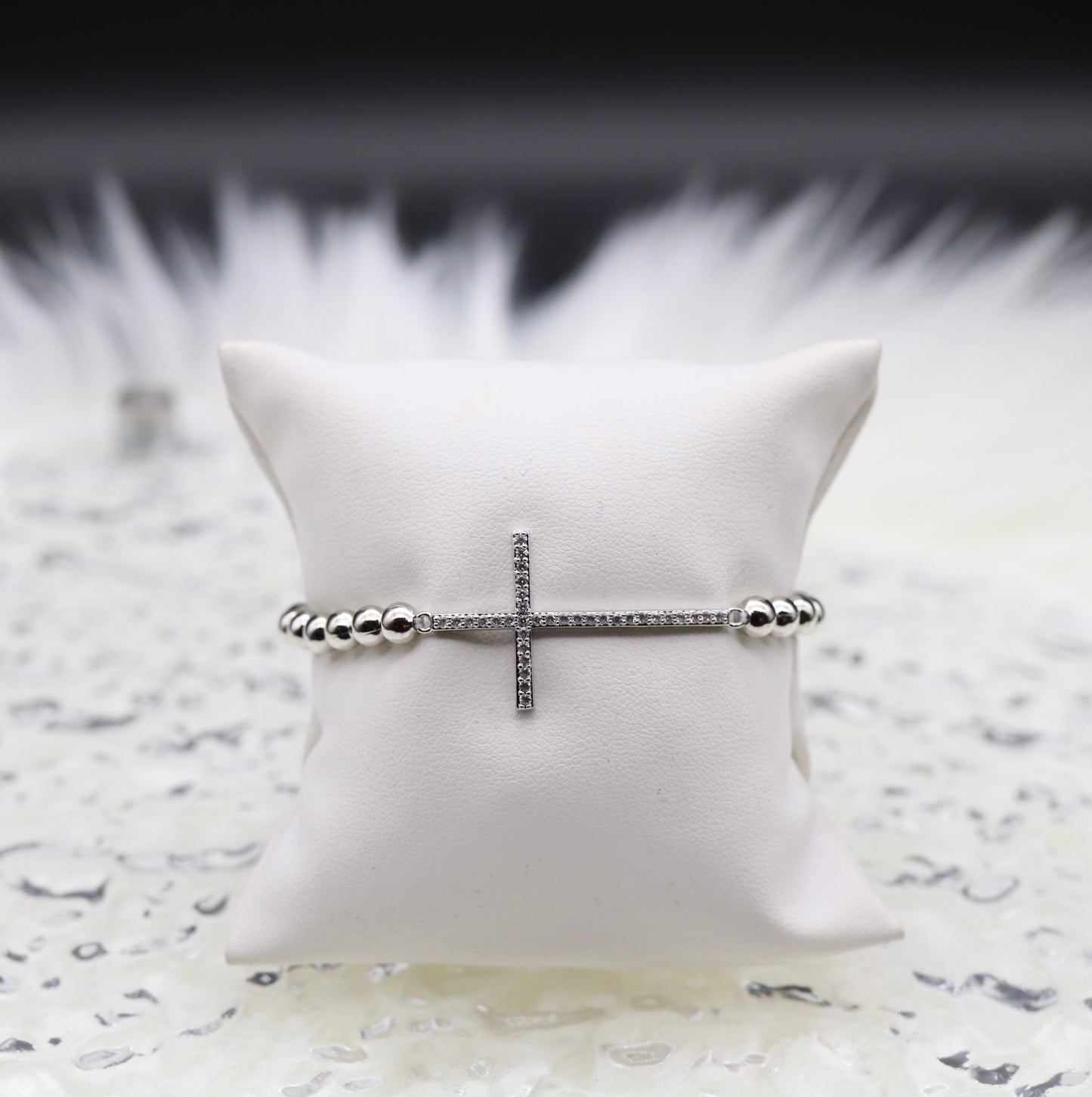 5mm Silver Beaded Cross Bracelet