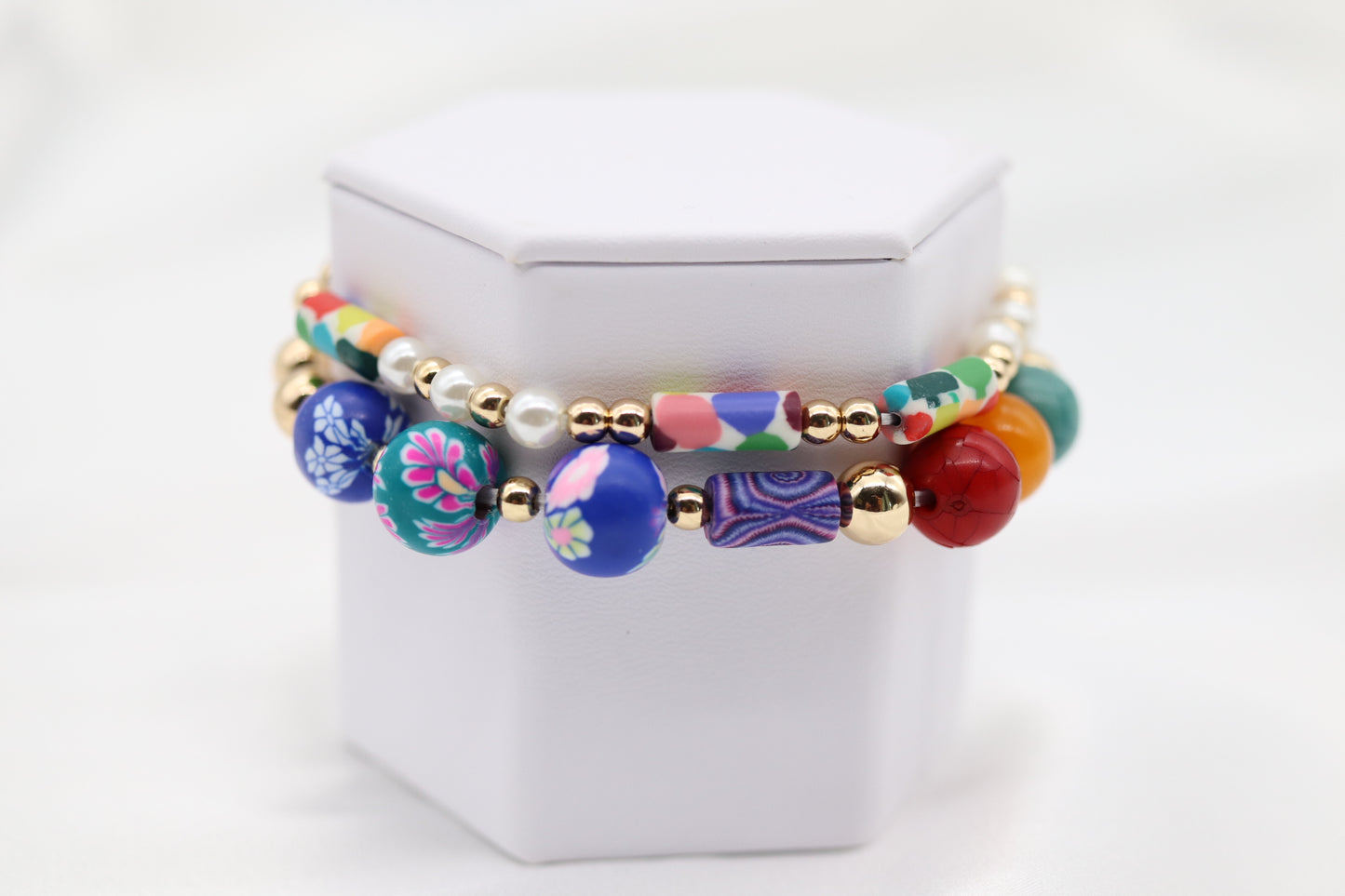 Gold Glass Bright Fimo Clay Bead Bracelet Set
