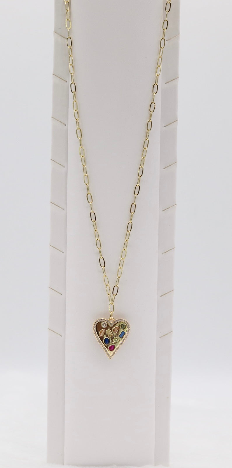 Gold Heart Pendant Necklace – Multi-Gemstone Mosaic Design