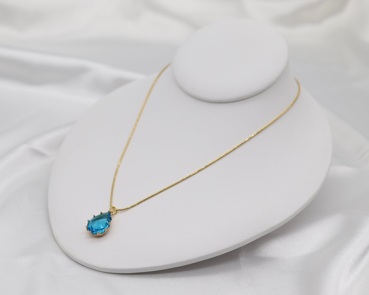Gold Snake Chain w/Aquamarine Teardrop Necklace