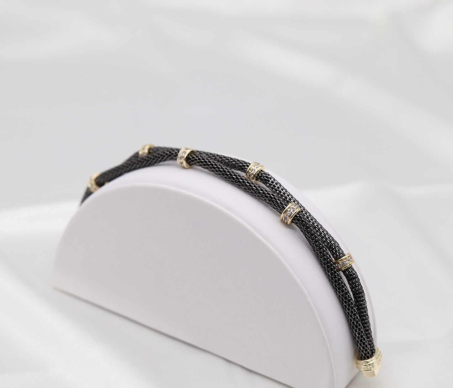 Black Mesh-Chain Bracelet with Round CZ Stations