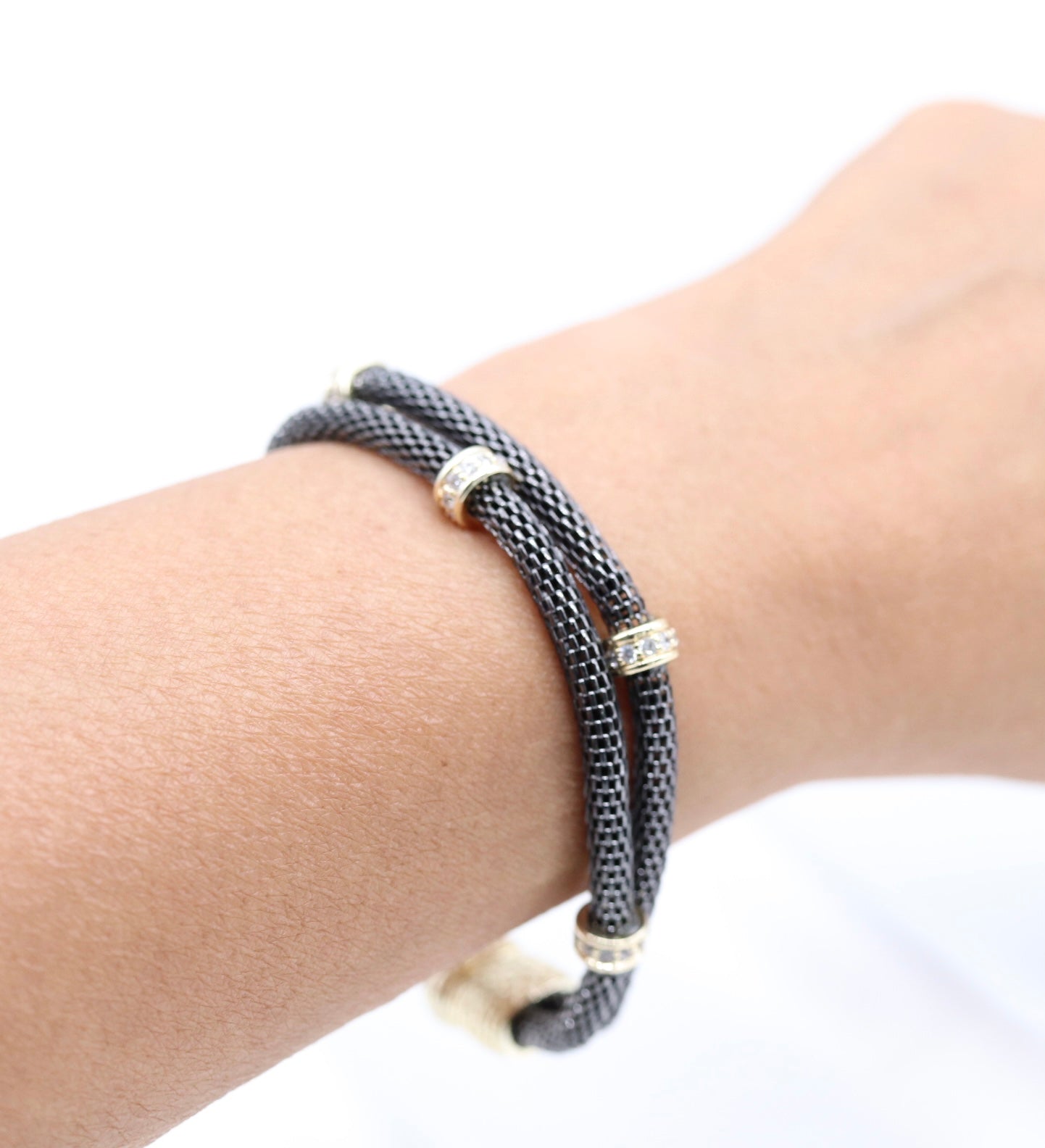 Black Mesh-Chain Bracelet with Round CZ Stations