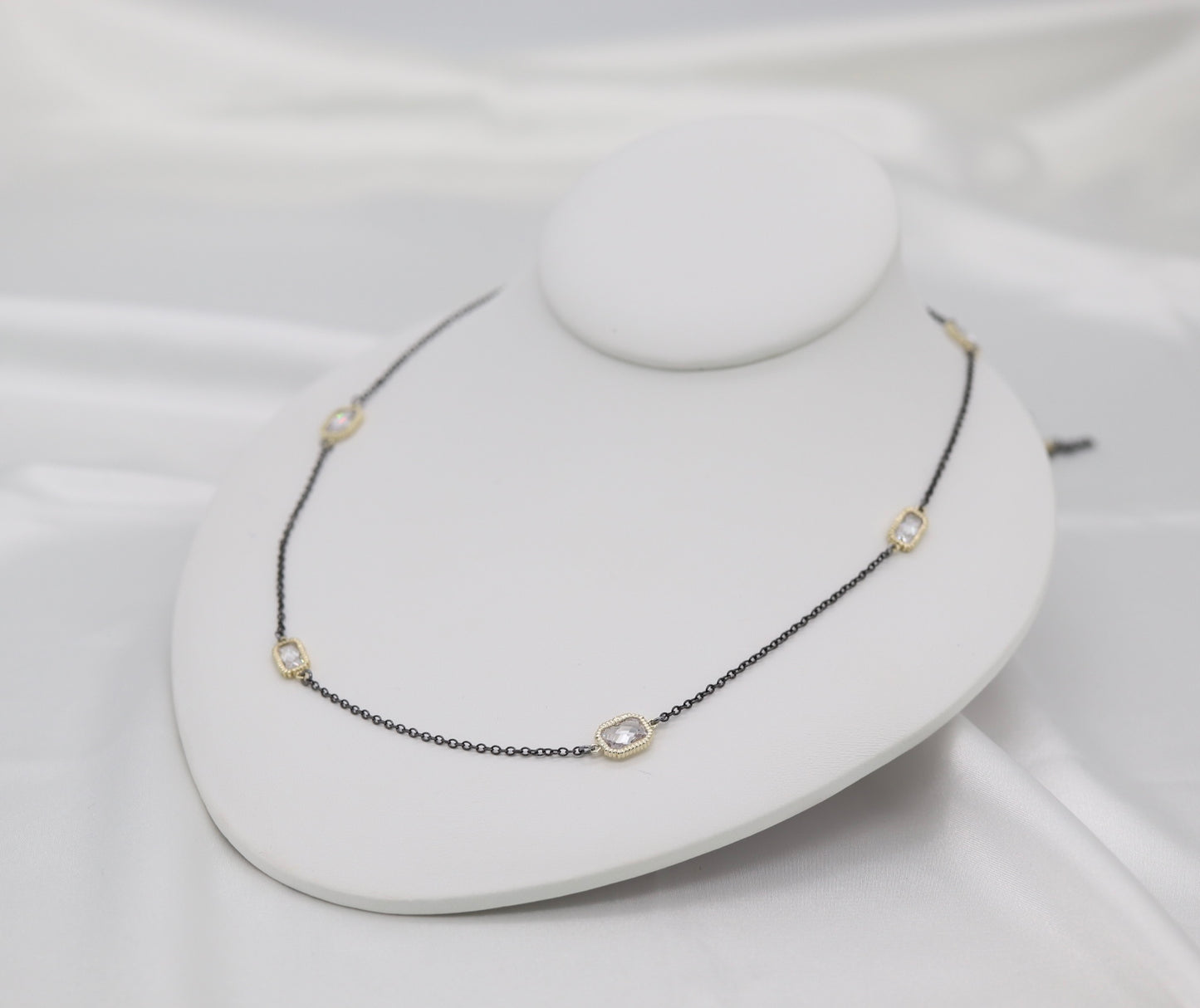 Long Crystal Rectangle Stones Station Black Necklace