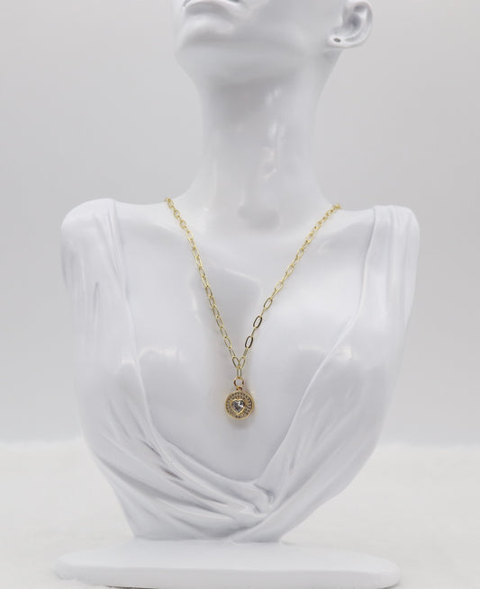 Gold Heart Medallion Necklace – Sparkling Crystal Round Pendant