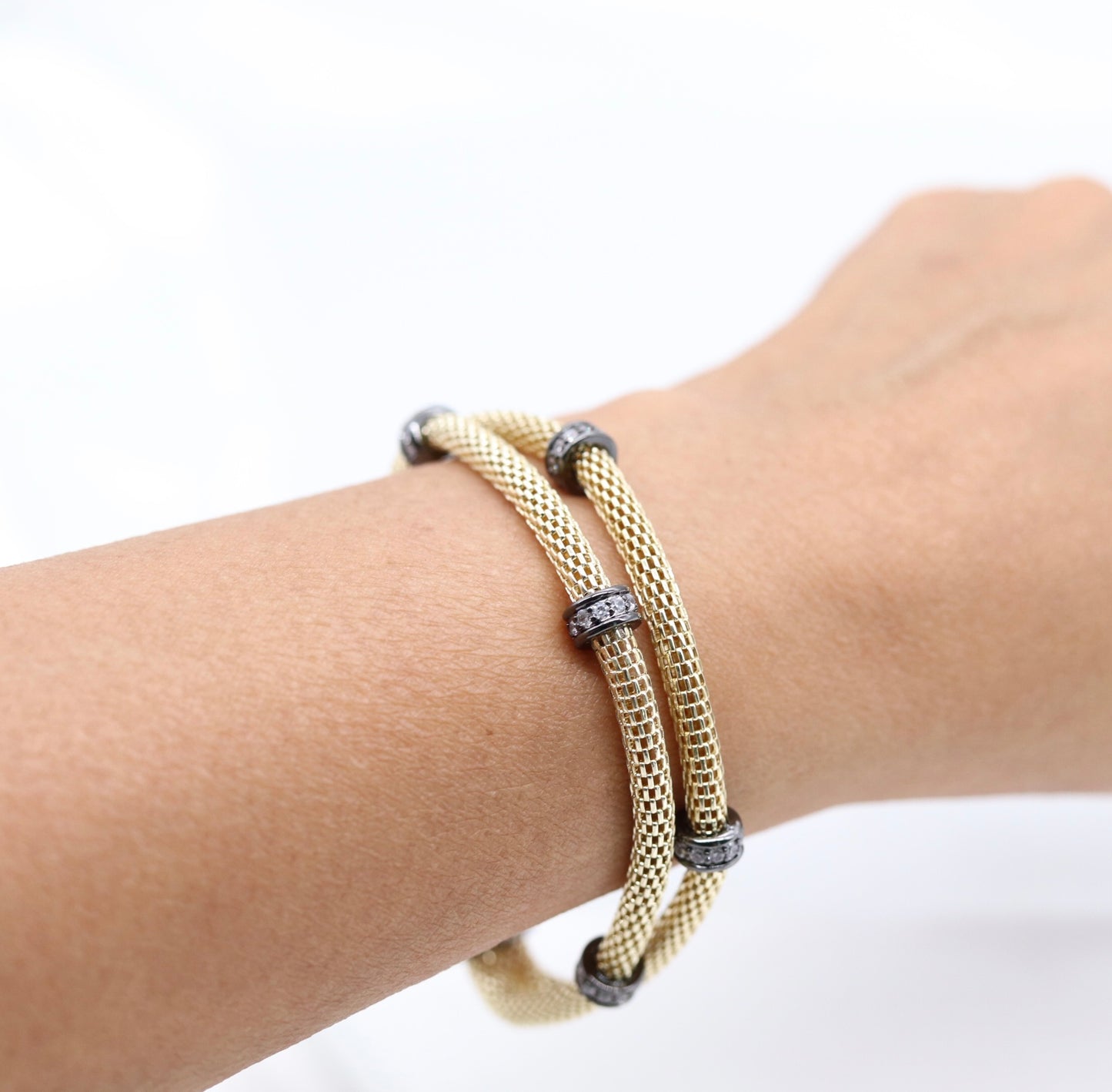 Gold Mesh-Chain Bracelet with Round Black Trim CZ Stations