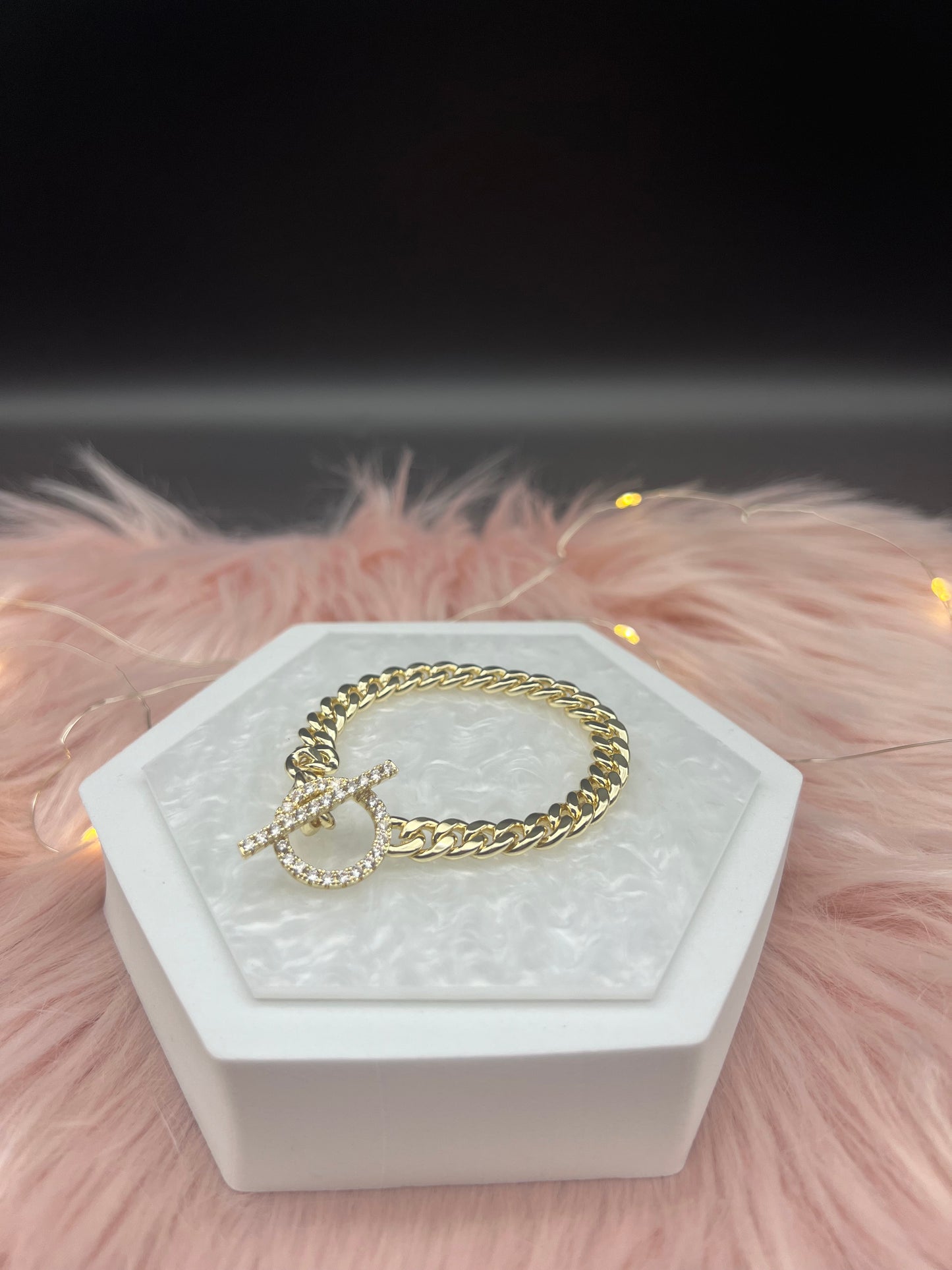 Small Gold Chain Link CZ Toggle Bracelet