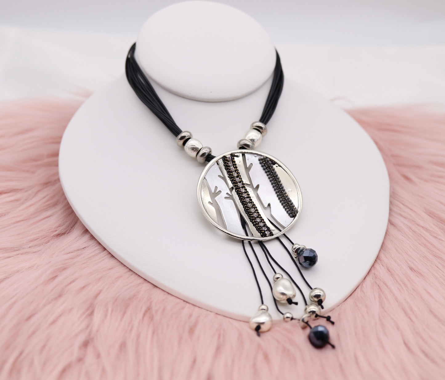 Silver Metallic Circle Pendant With Dangling Stones, Multi Light Black Rope Necklace