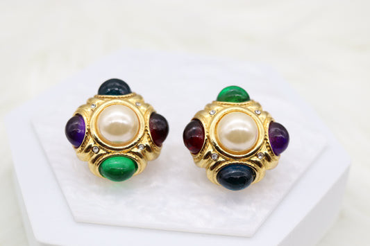 Matte Gold Square Clip-On Earrings with Multi-Colored Stones