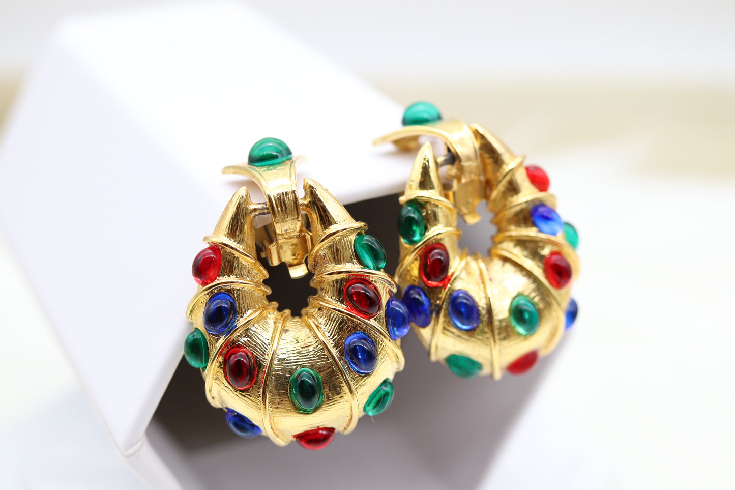 Matte Gold Teardrop Clip-On Earrings with Multi-Colored Stones