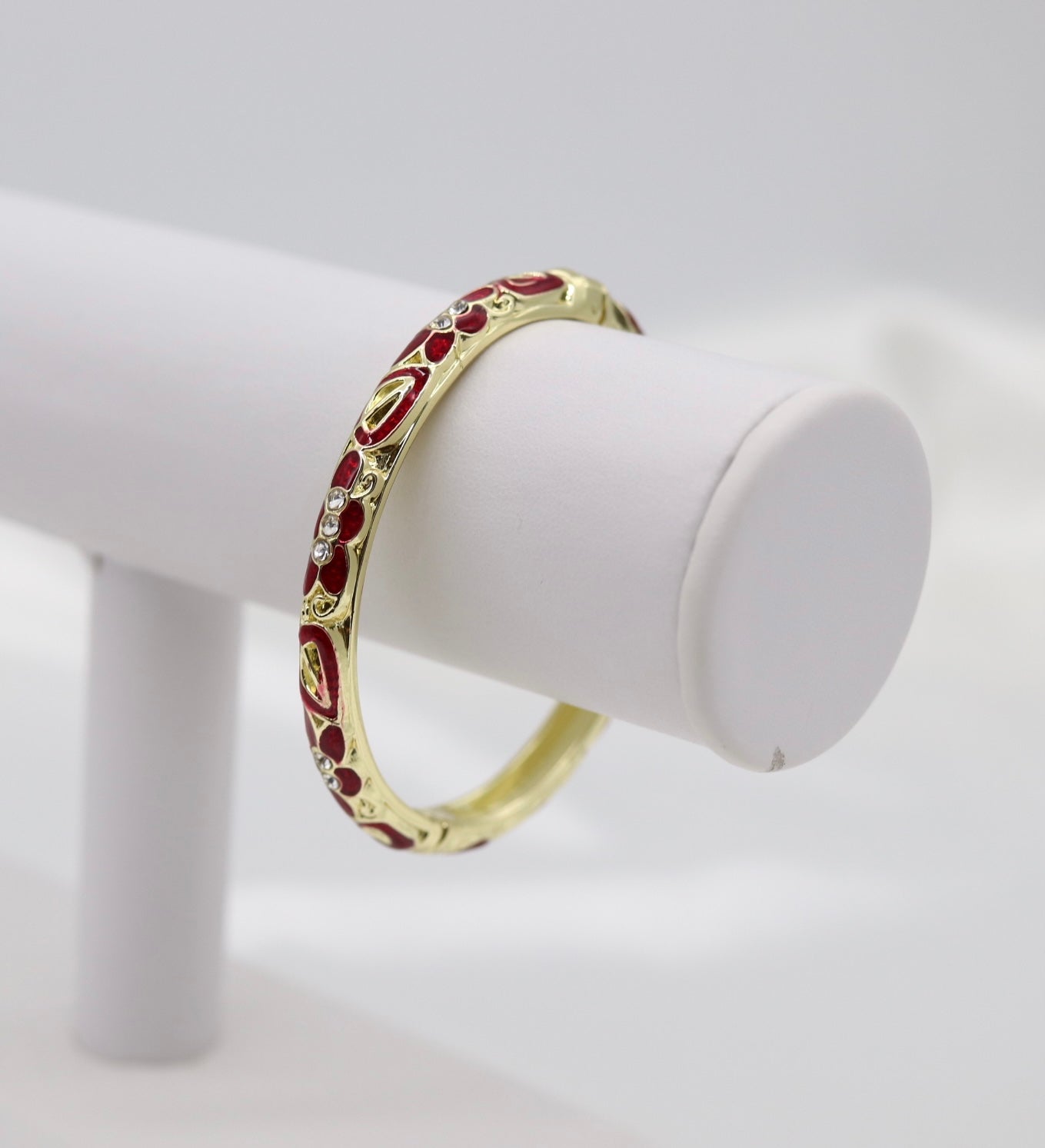 Thin Burgundy With CZ Station Enamel Hinged Bangle Bracelet