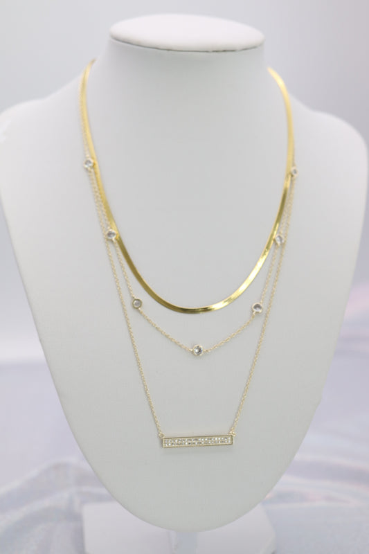 Triple Gold Layered Necklace with Pave CZ Delicate Bar