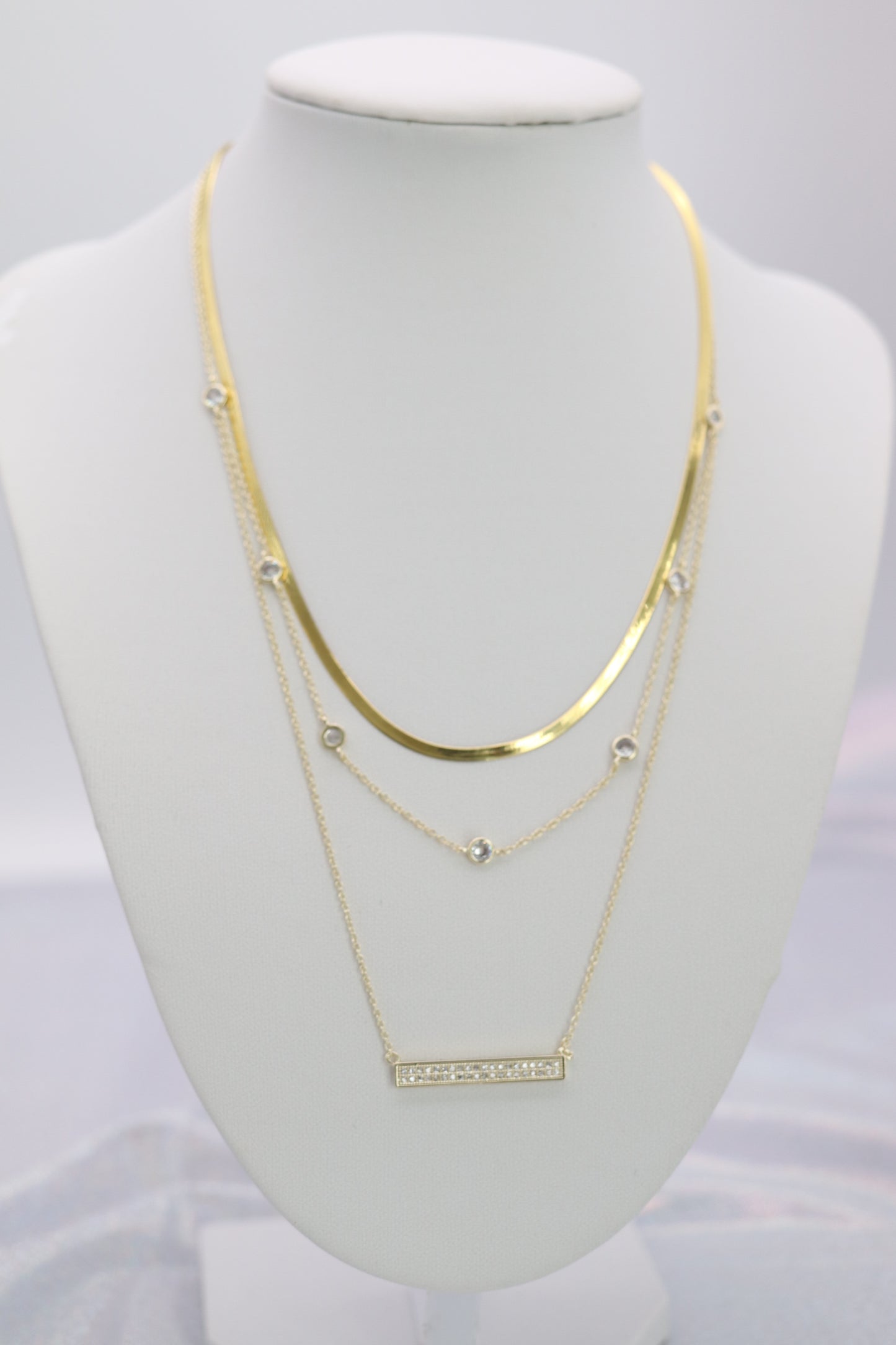 Triple Gold Layered Necklace with Pave CZ Delicate Bar