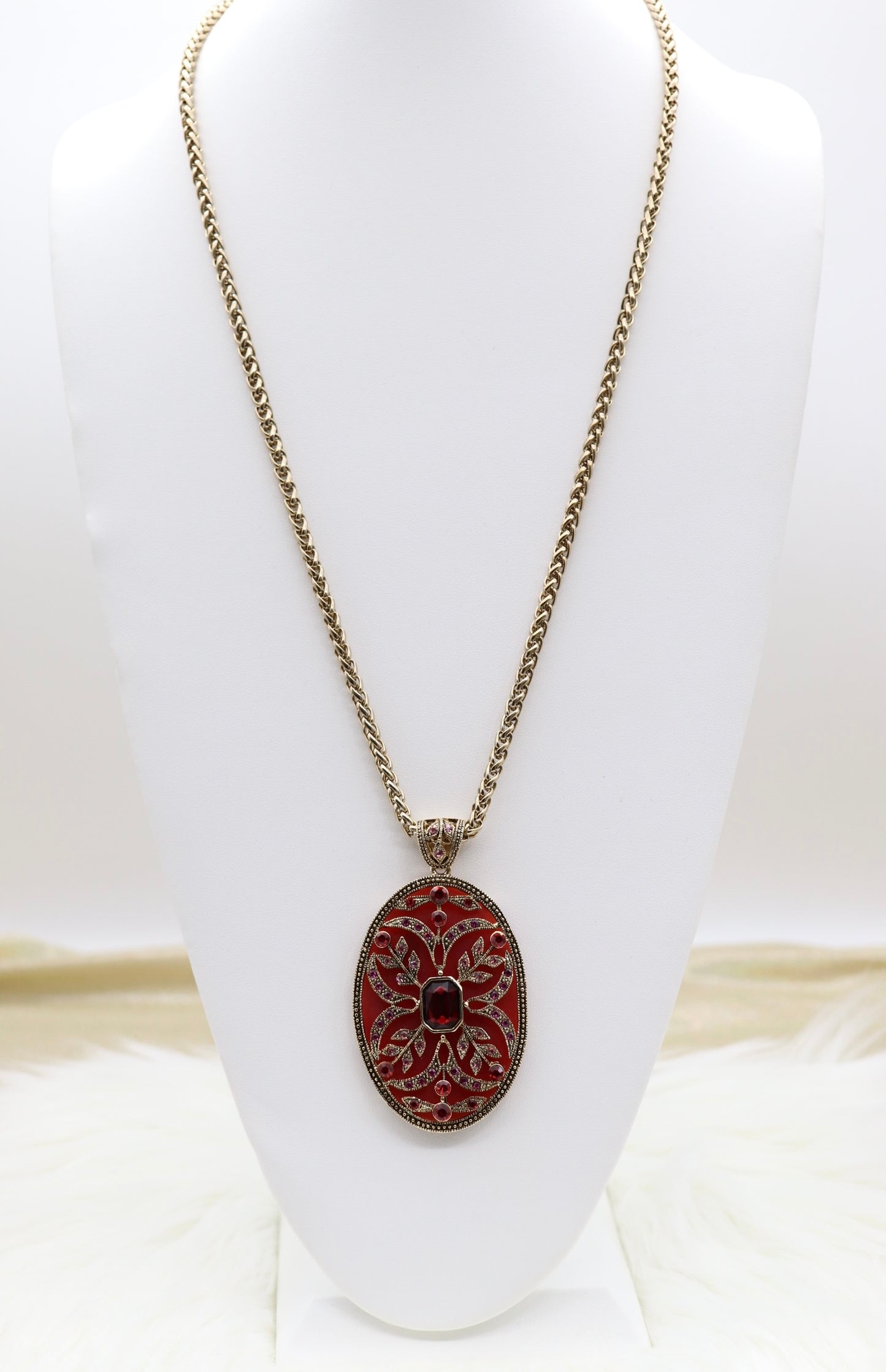Enameled Renaissance Style With Fine Ruby Red CZ Pendant Oval Necklace With Matching Clip On Earrings