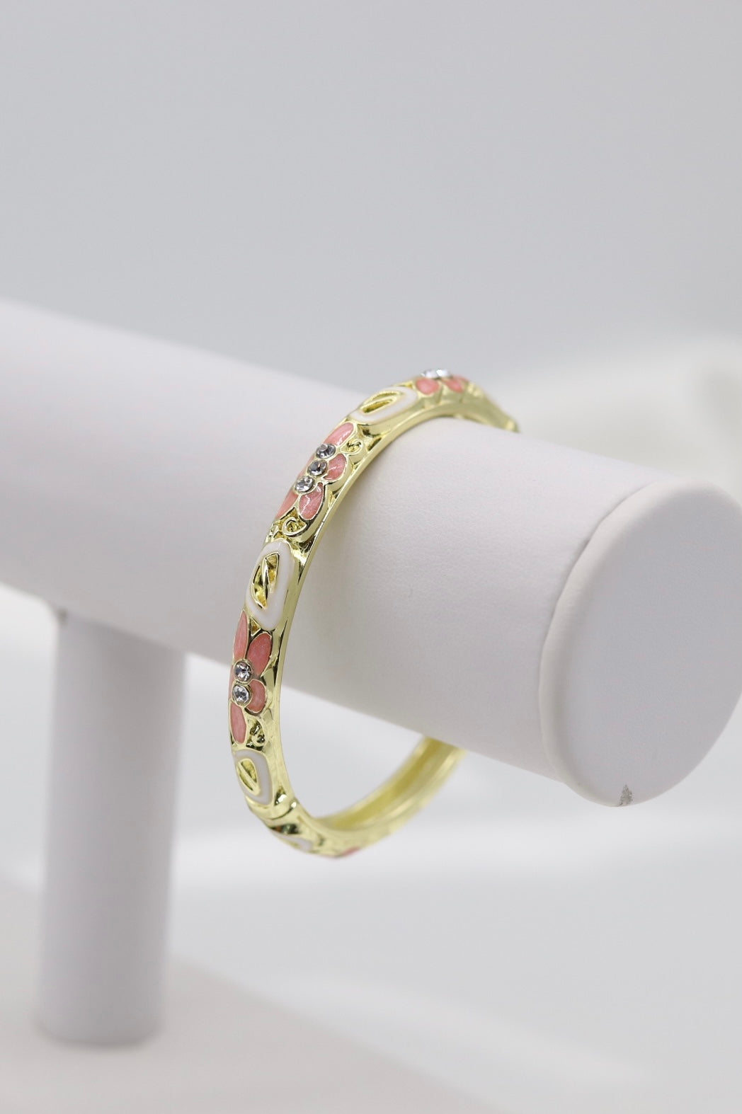 Thin Pink With CZ Station Enamel Hinged Bangle Bracelet