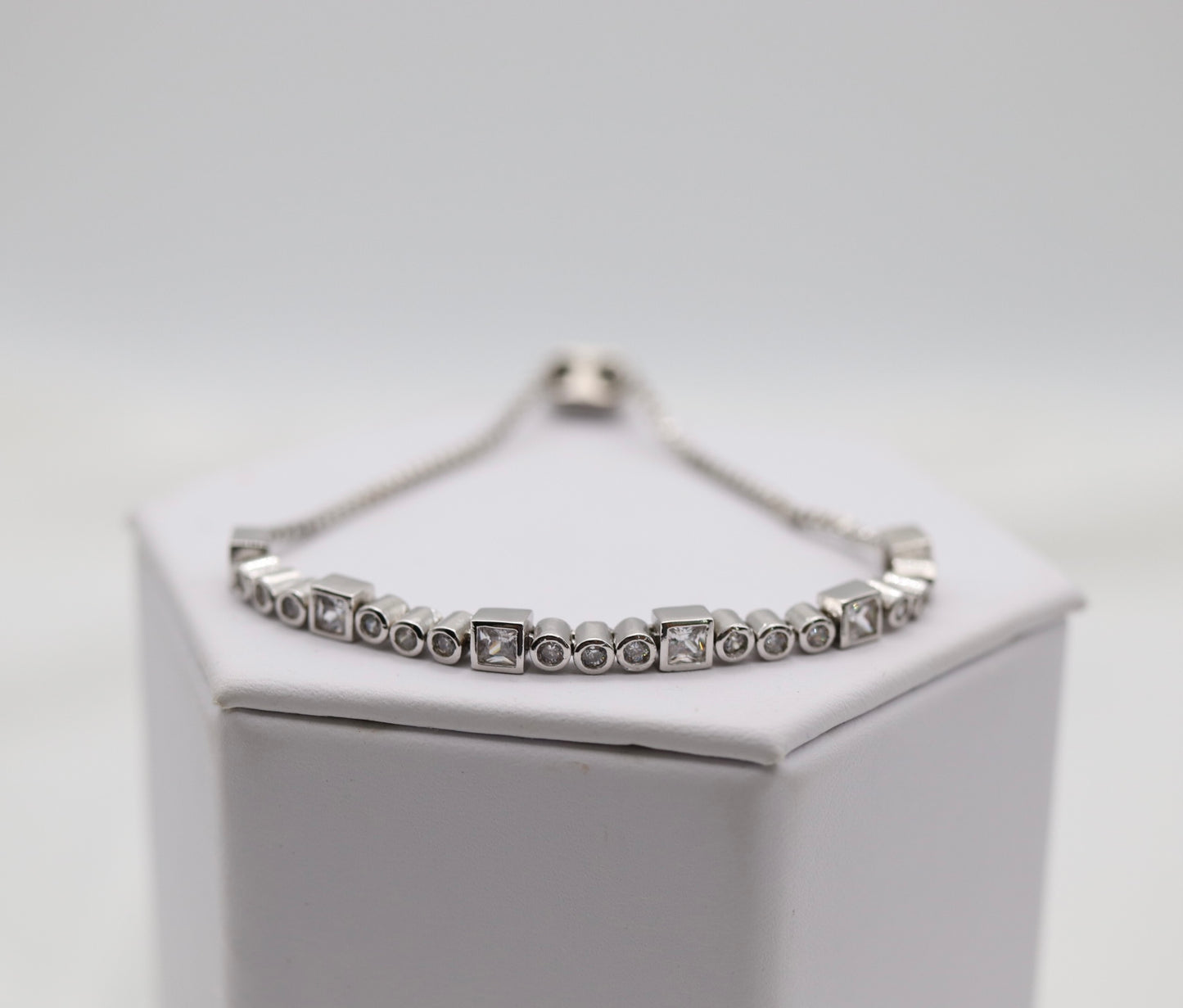Square and Round Bezel Set CZ Silver Tennis Bracelet