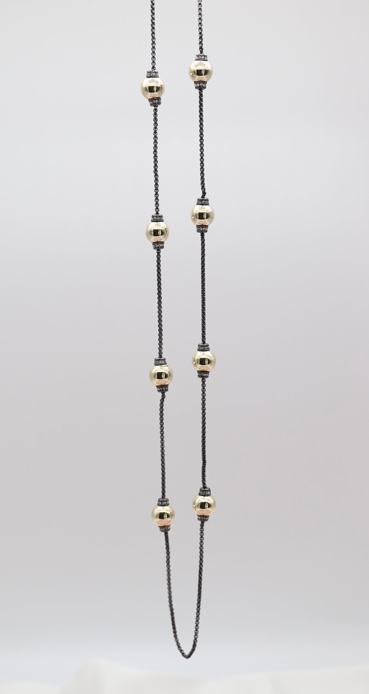 Long Black Necklace With Gold Ball Stations