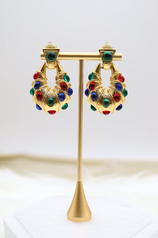 Matte Gold Teardrop Clip-On Earrings with Multi-Colored Stones