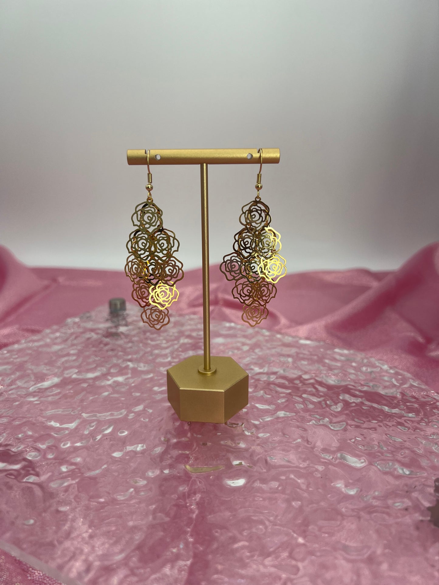 Bohemian Multi Layered Filigree Flower Dangle Drop Long Statement Earrings, Gold