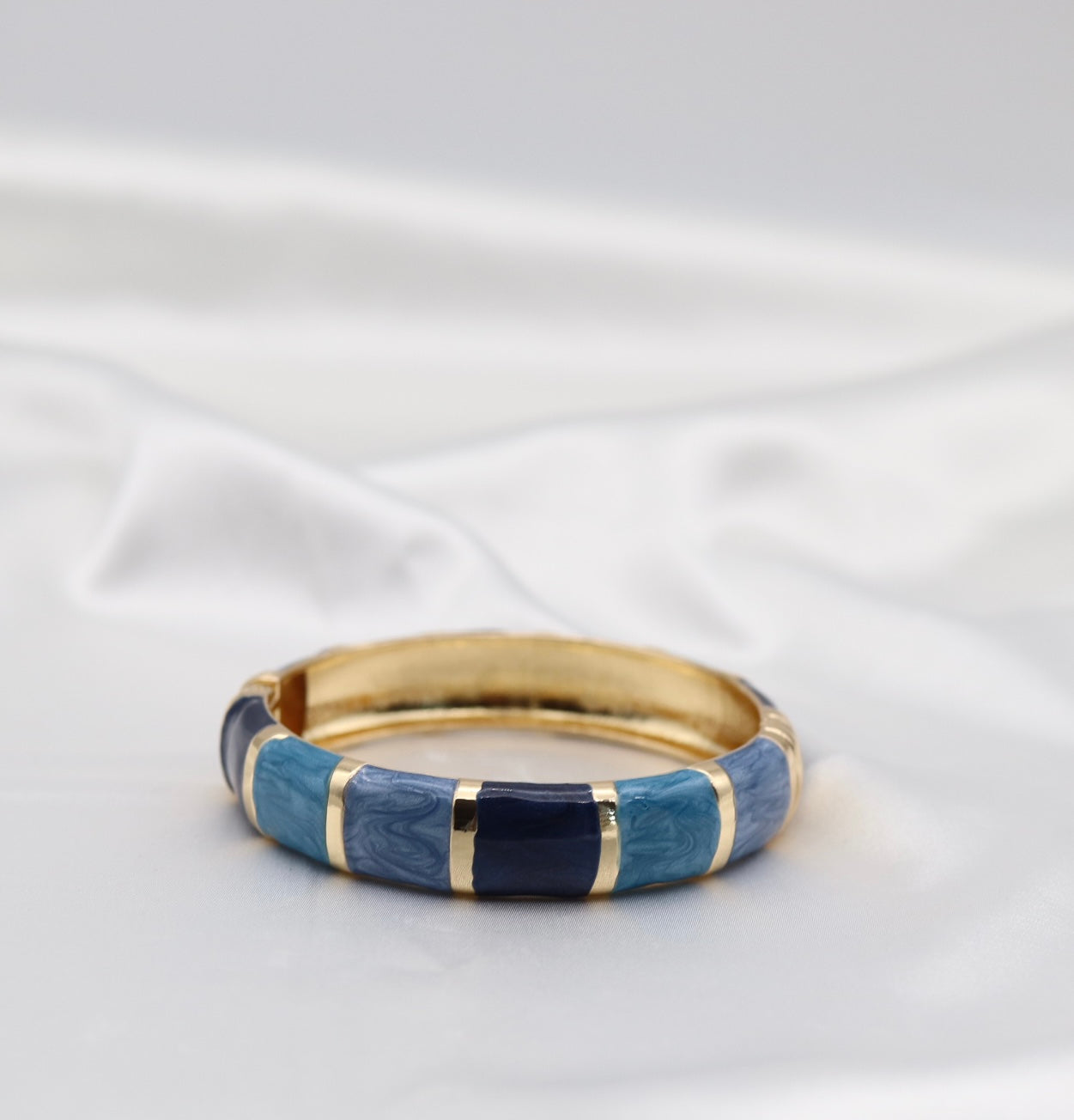 Gold Blue Multi-Tone Enamel Hinged Bangle Bracelet