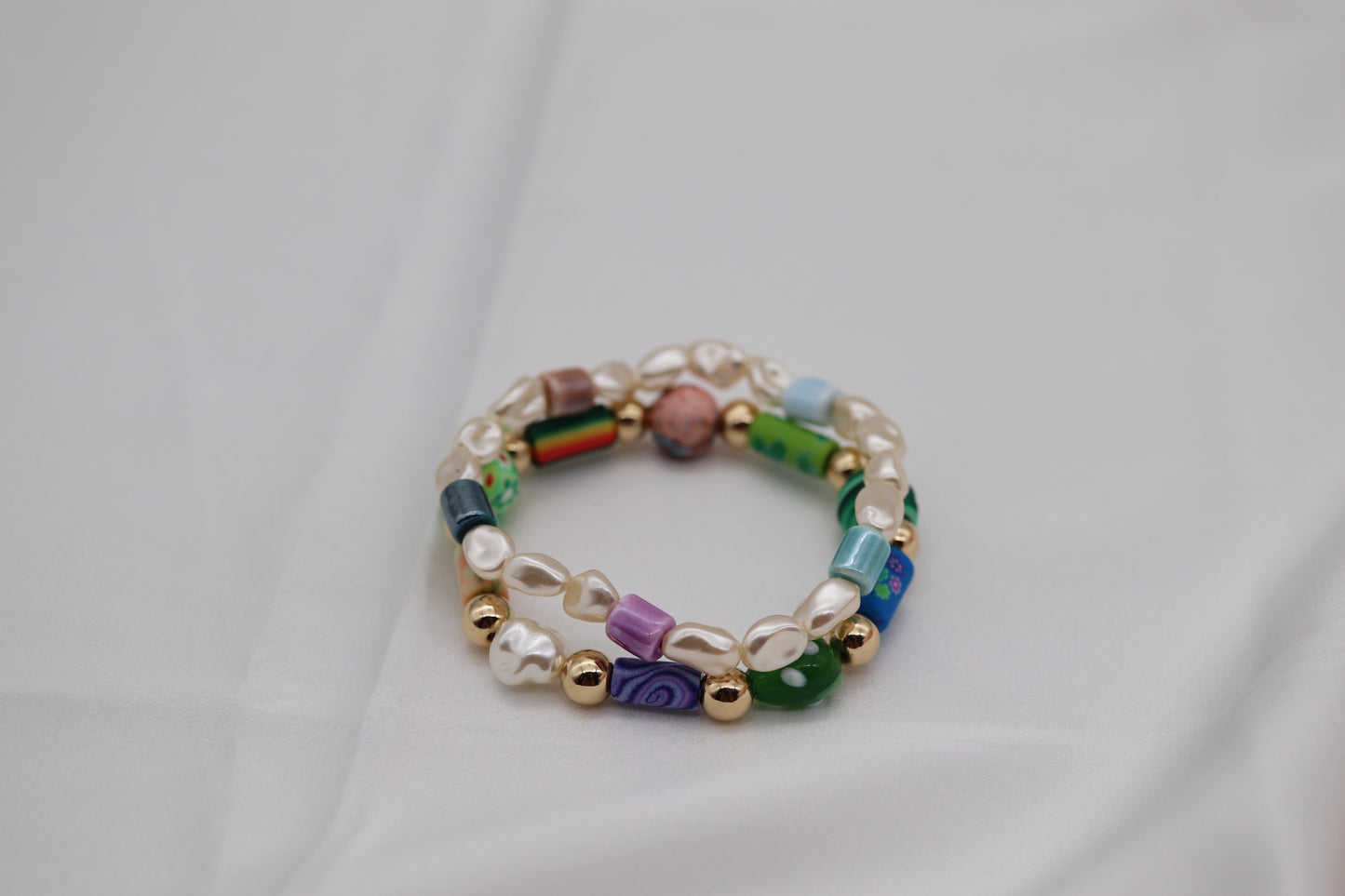 Gold Glass and Fimo Clay Bead Bracelet Set