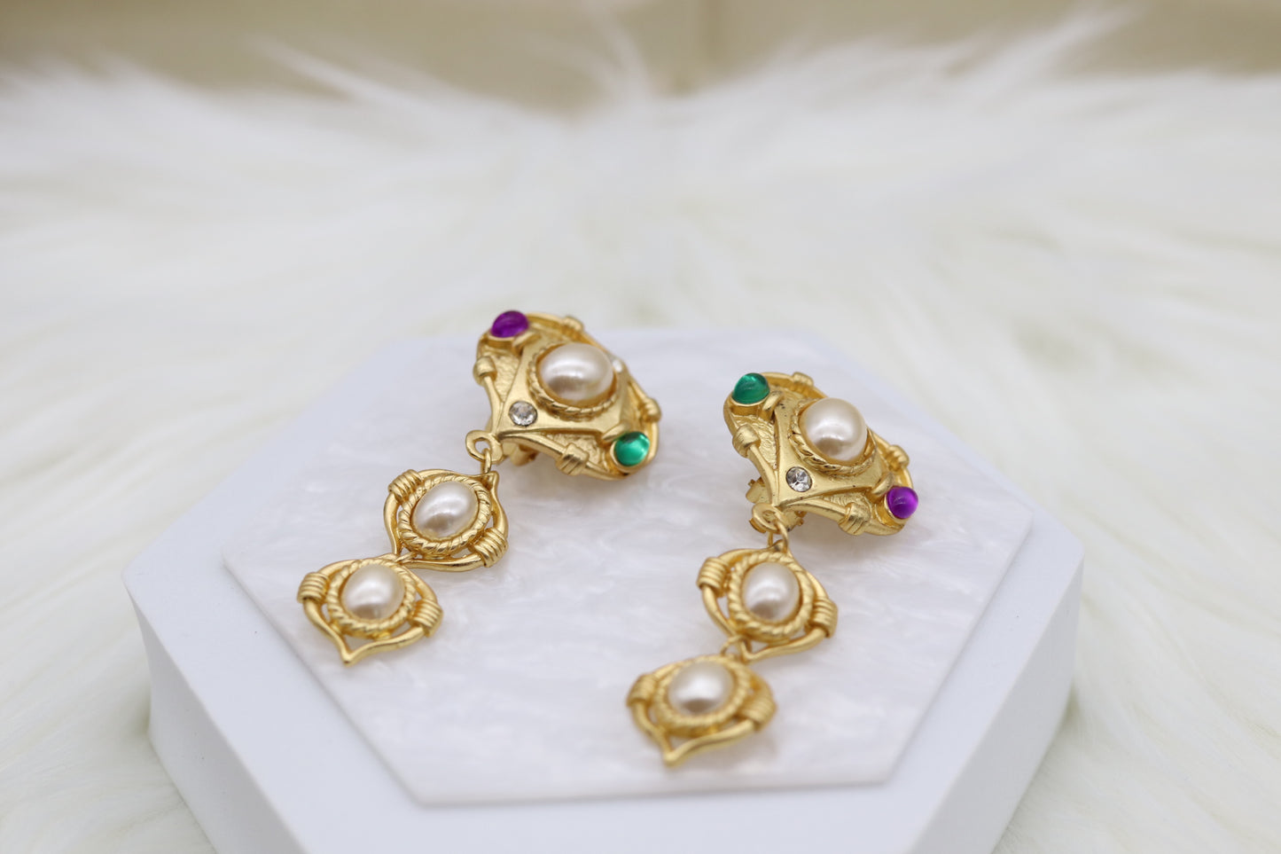 Matte Gold Tiered Drop Clip-On Earrings with Multi-Colored Stones