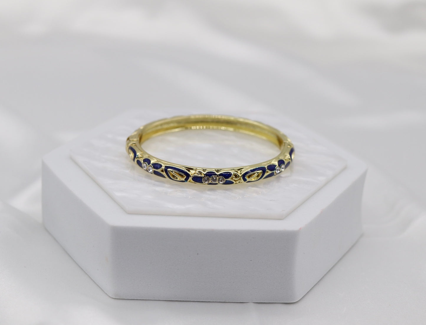 Thin Navy Blue and Gold With CZ Station Enamel Hinged Bangle Bracelet