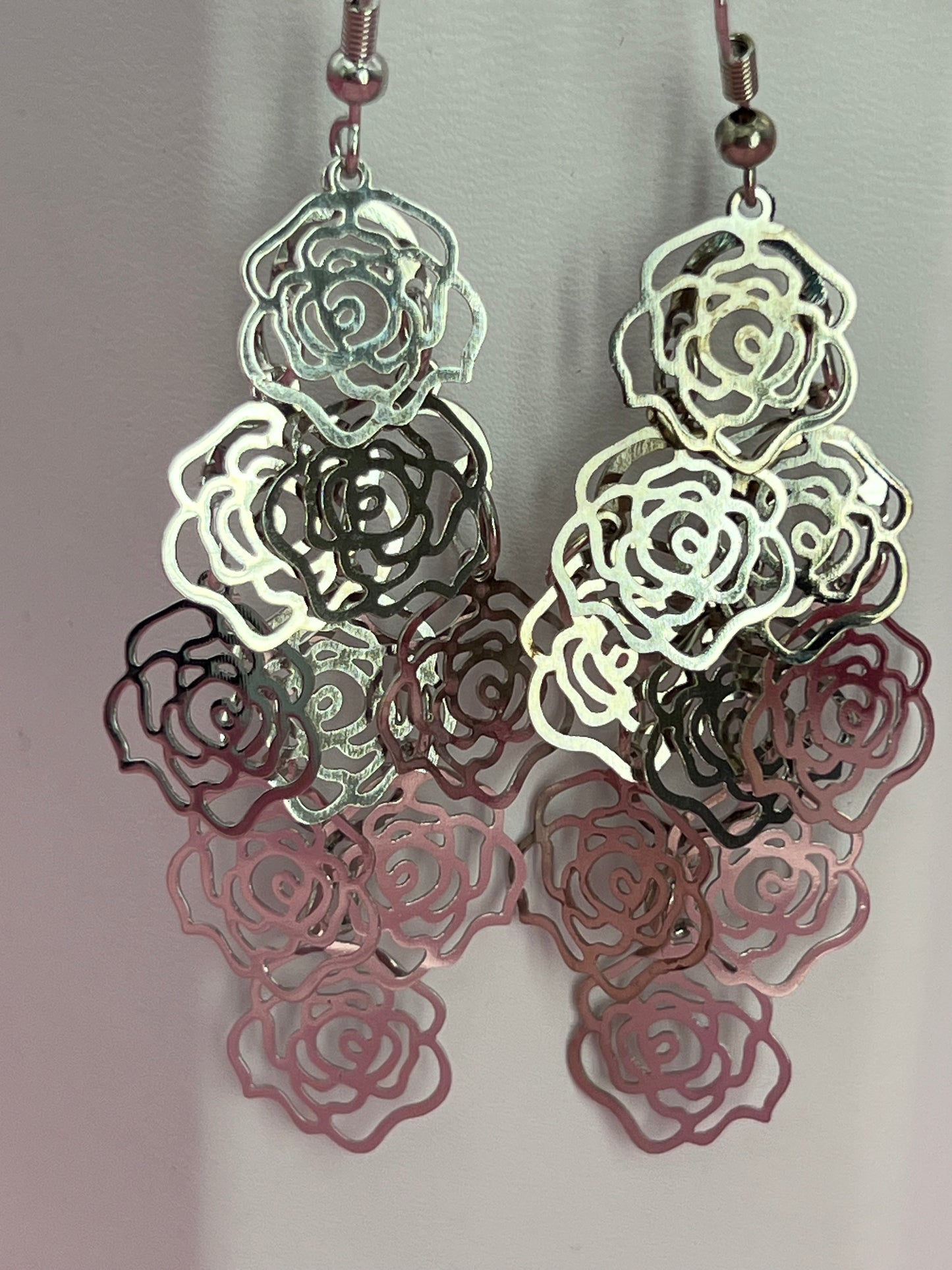 Bohemian Multi Layered Filigree Flower Dangle Drop Long Statement Earrings, Silver