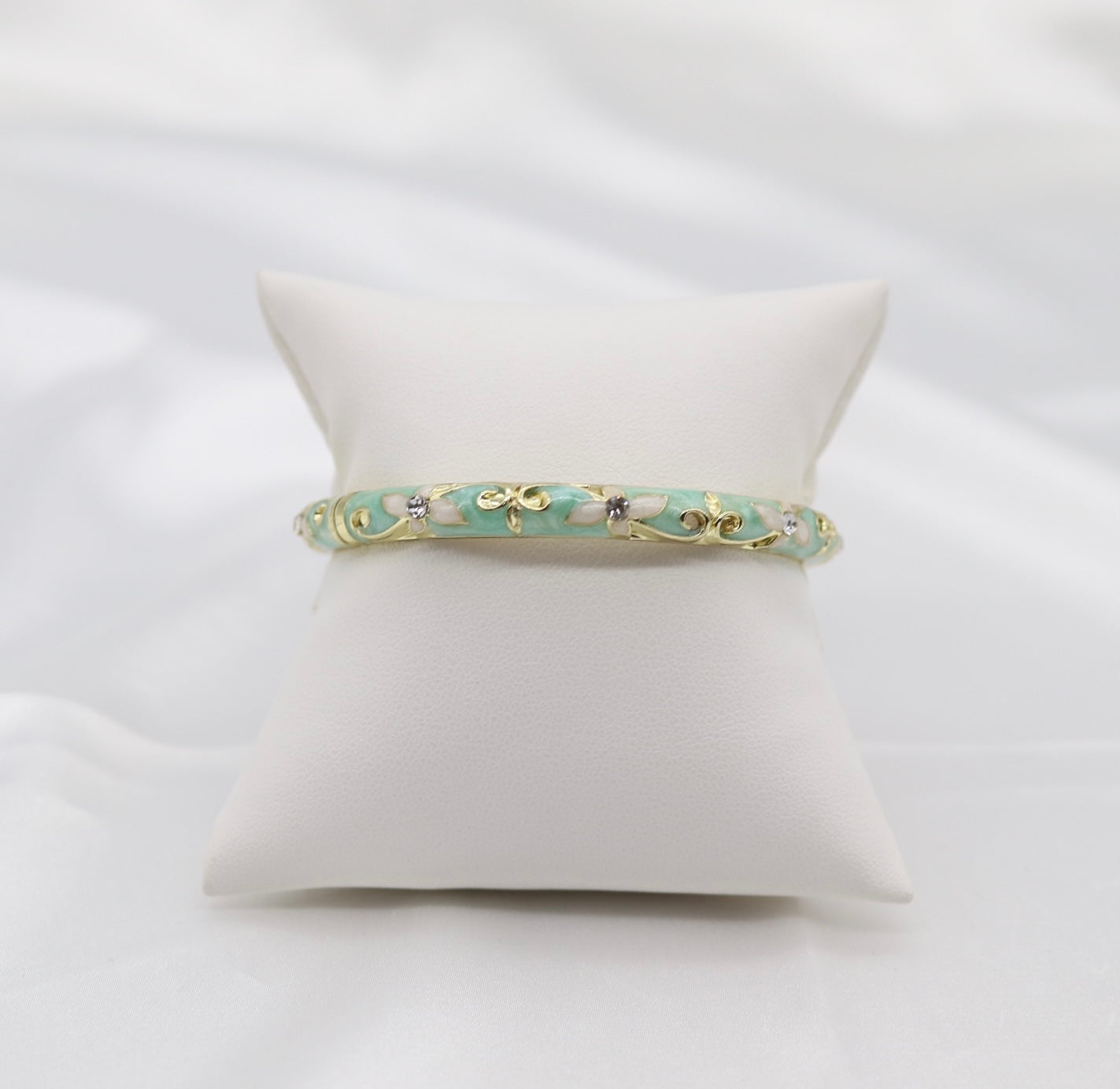 Thin Light Green With CZ Station Enamel Hinged Bangle Bracelet