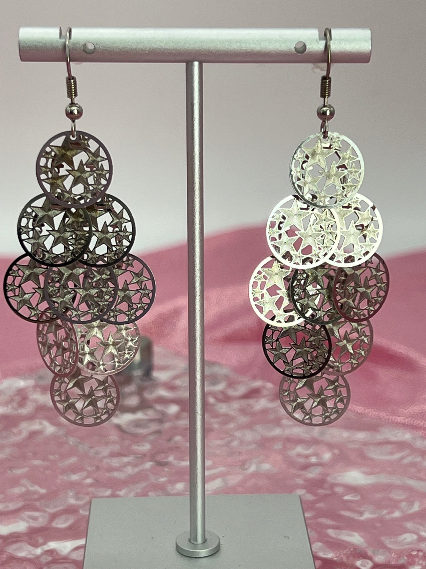 Bohemian Multi Layered Filigree Cut Out Star Circles Dangle Drop Long Statement Earrings, Silver
