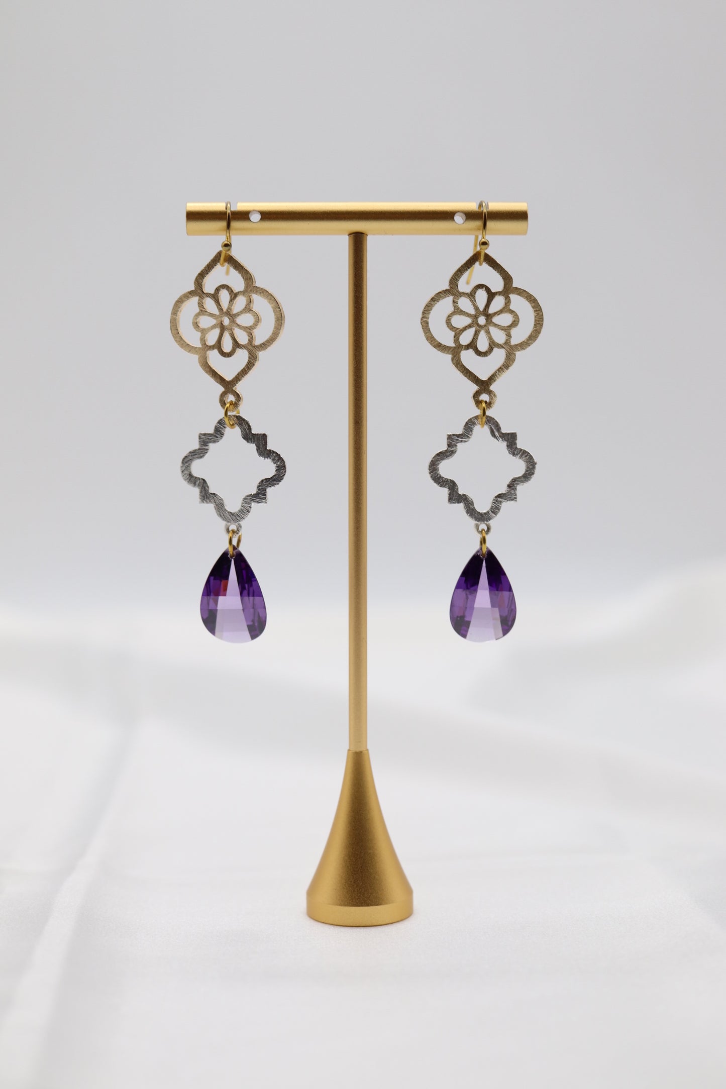 Filigree Dangling Purple Stone Earrings Made With Faceted Fancy Cut Cubics