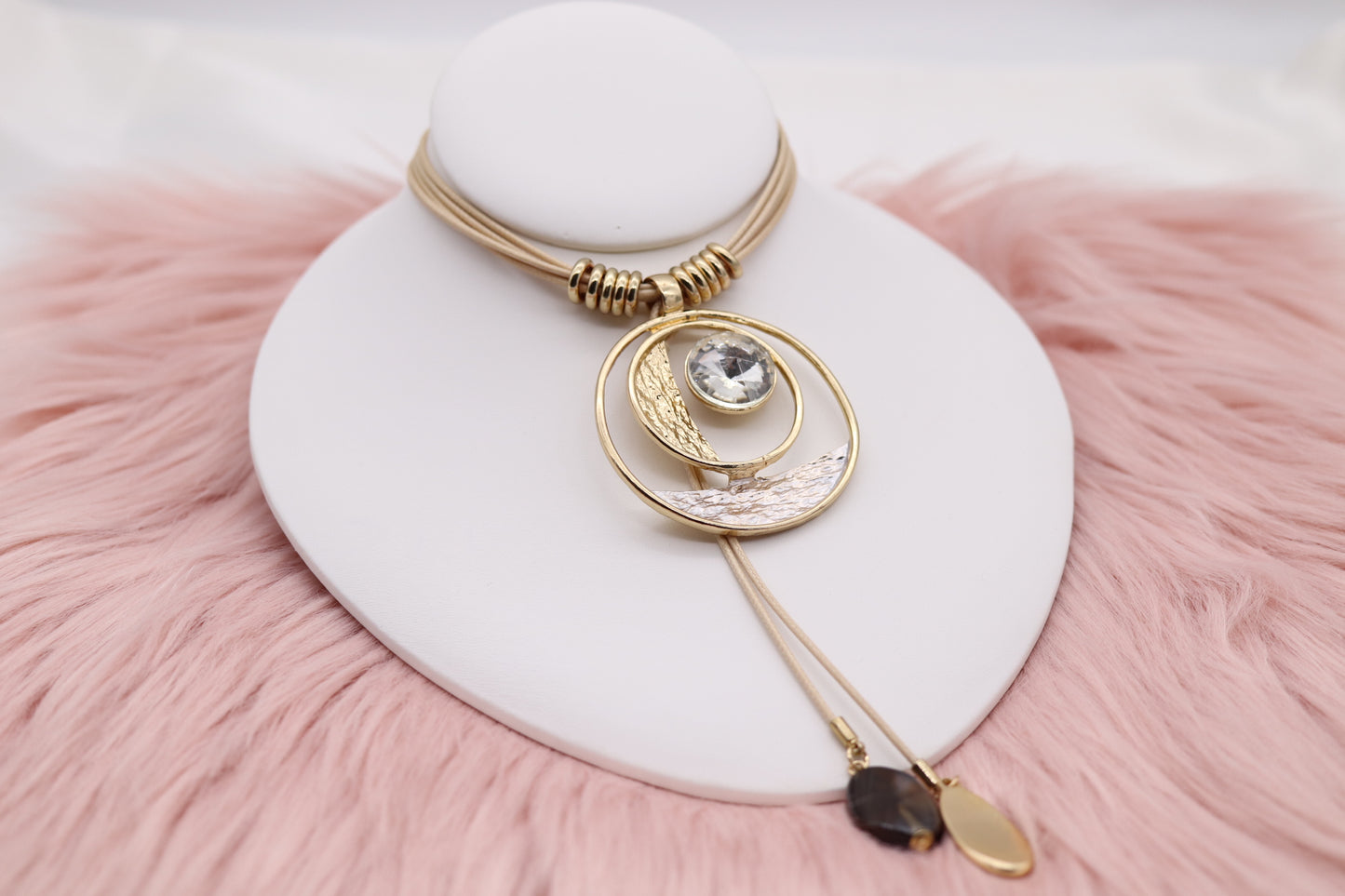 Gold Metallic Circle Pendant With Clear Stone, Multi Light Tan Rope Necklace