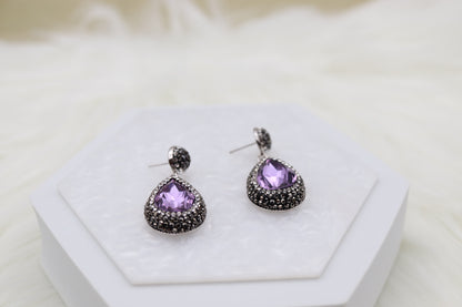 Matching Necklace and Earrings With Pear Shaped Amethyst Faceted CZ Stones