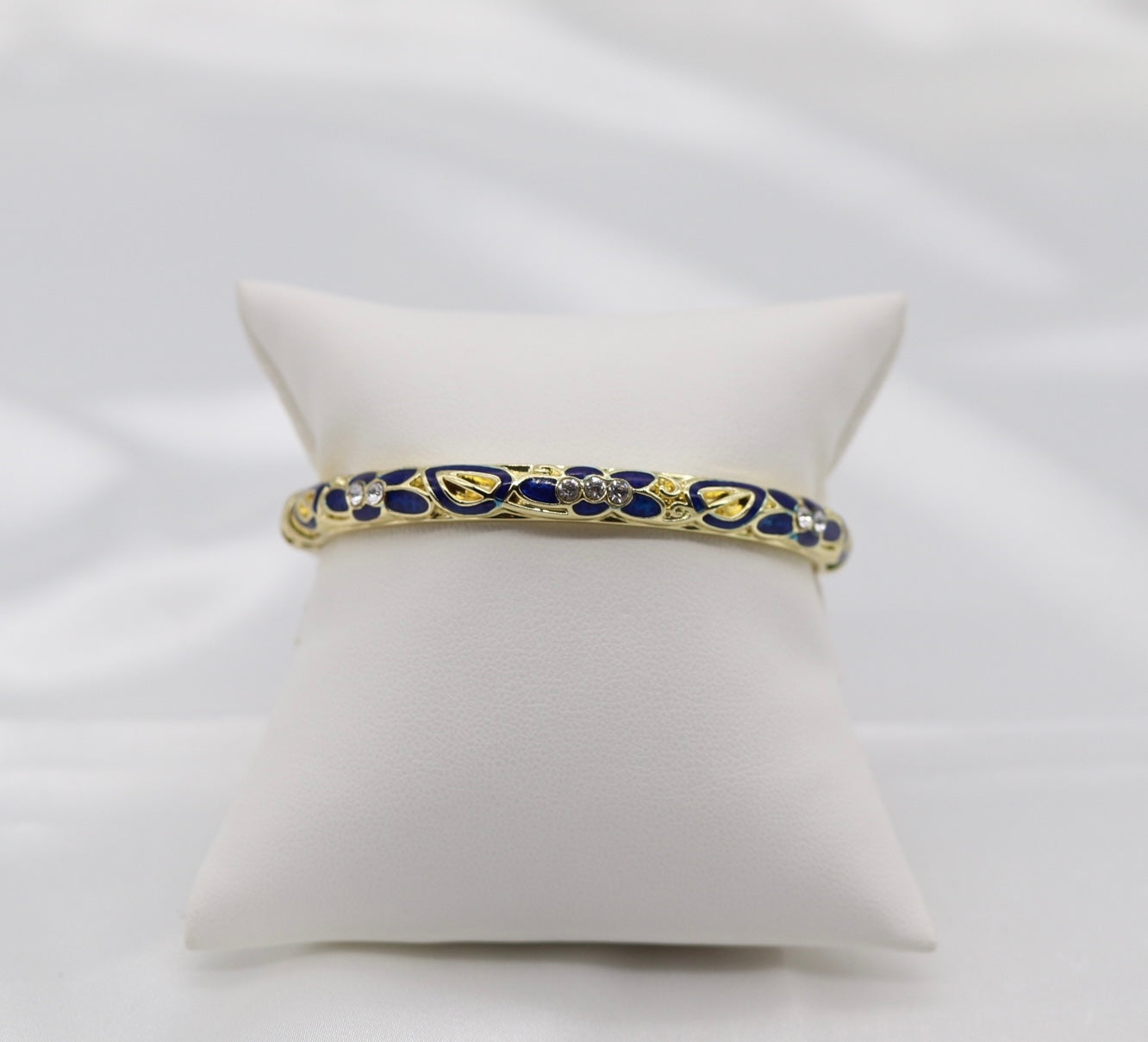 Thin Navy Blue and Gold With CZ Station Enamel Hinged Bangle Bracelet