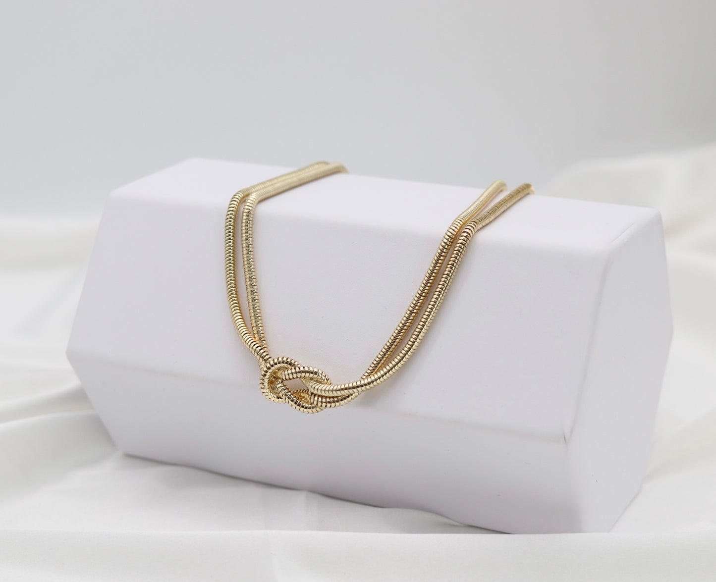 Gold Tone Double Snake Chain Knot Necklace – Modern Statement Collar