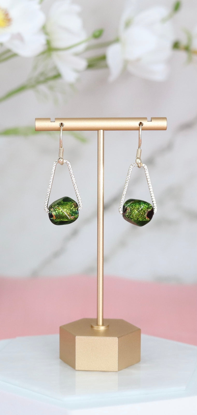Gold Acrylic Green Bead Earrings