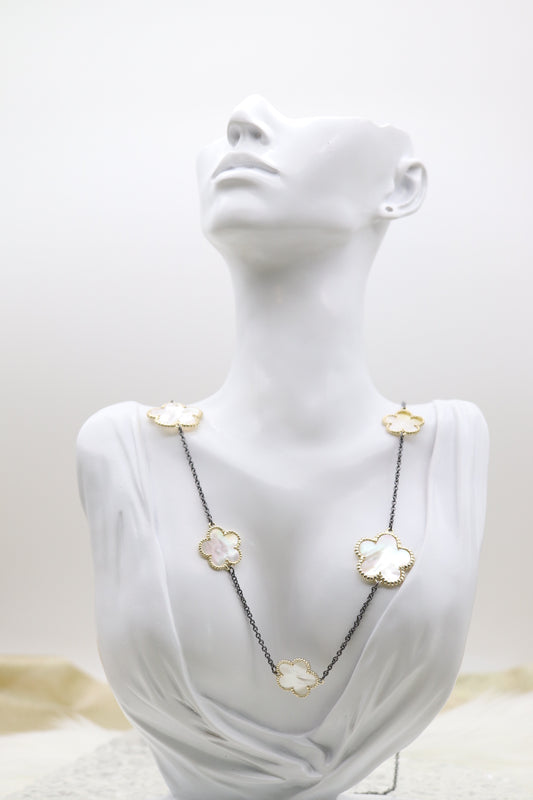 Mother of Pearl Five Leaf Flower Petal Pendant Necklace