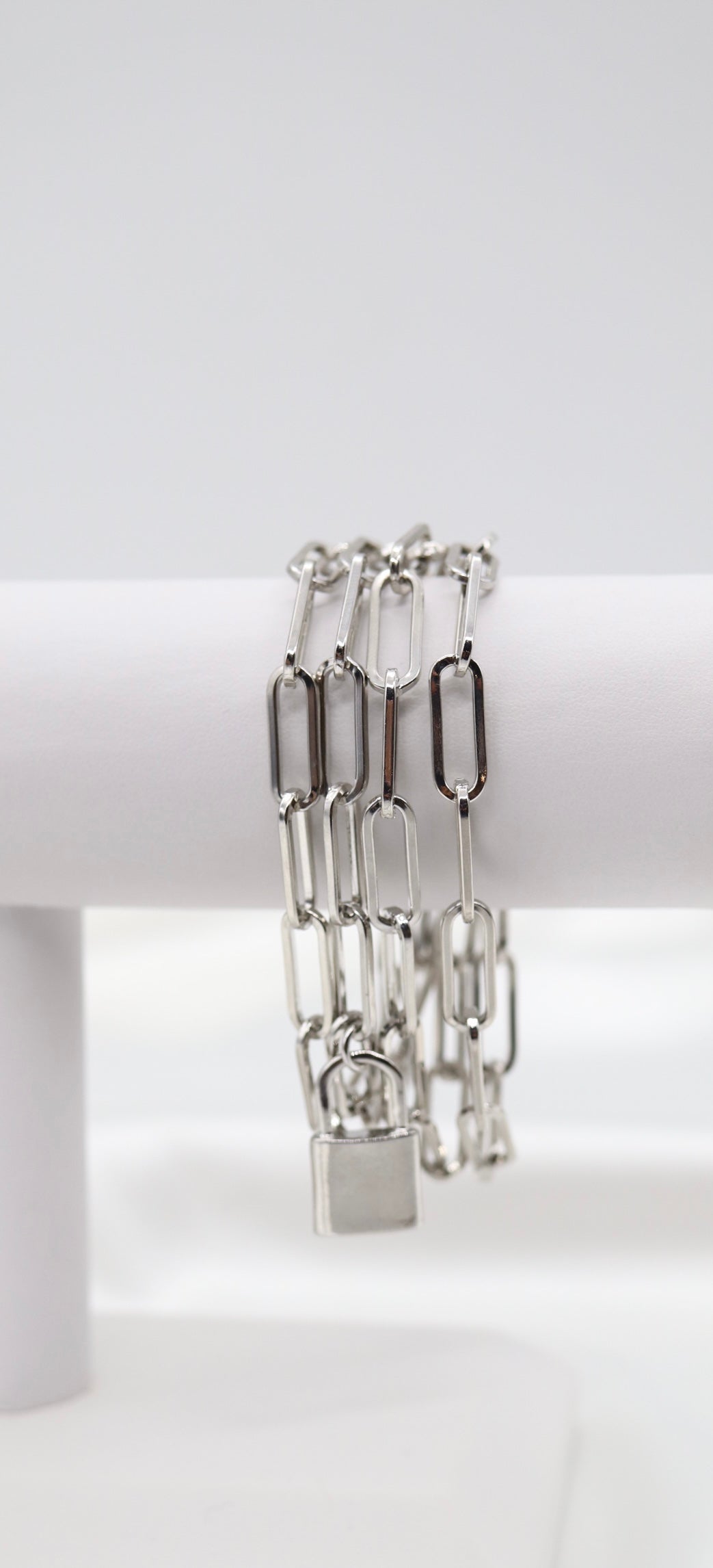 Beautiful Multi-Layer Silver Paperclip Chain Bracelet with Dangling Lock and Magnetic Clasp