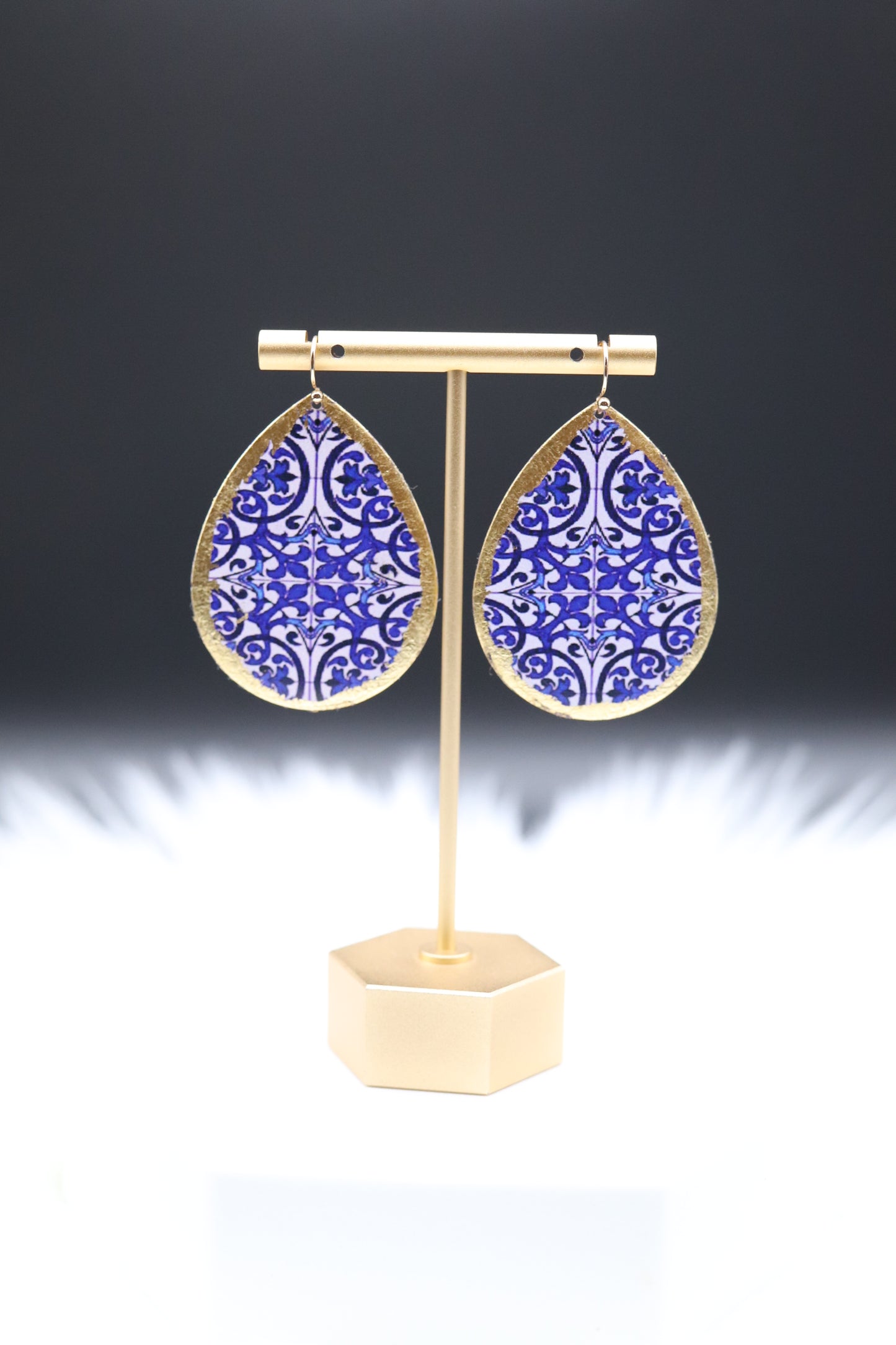 Gold Blue Tile Mosaic Print Teardrop Earrings