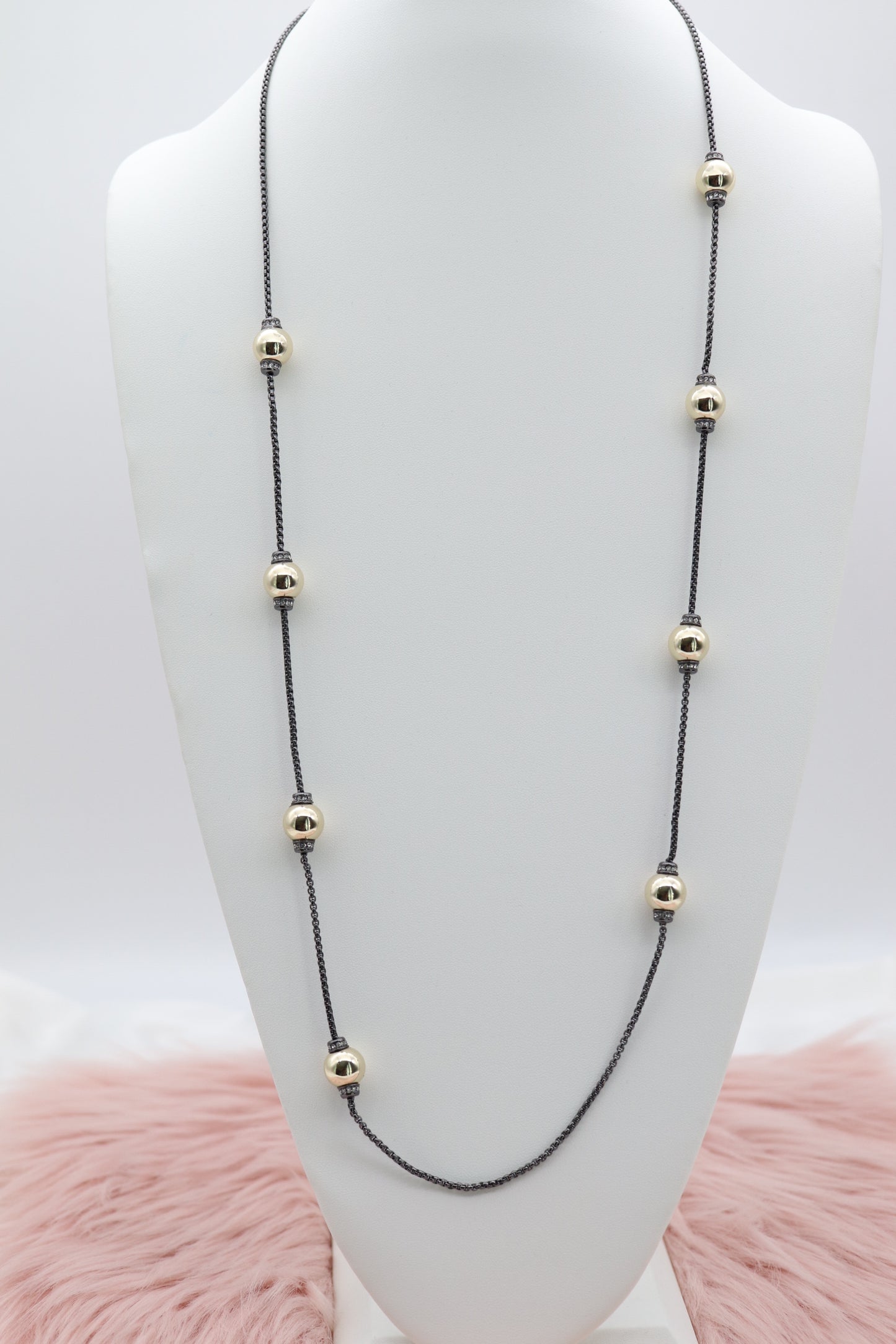 Long Black Necklace With Gold Ball Stations