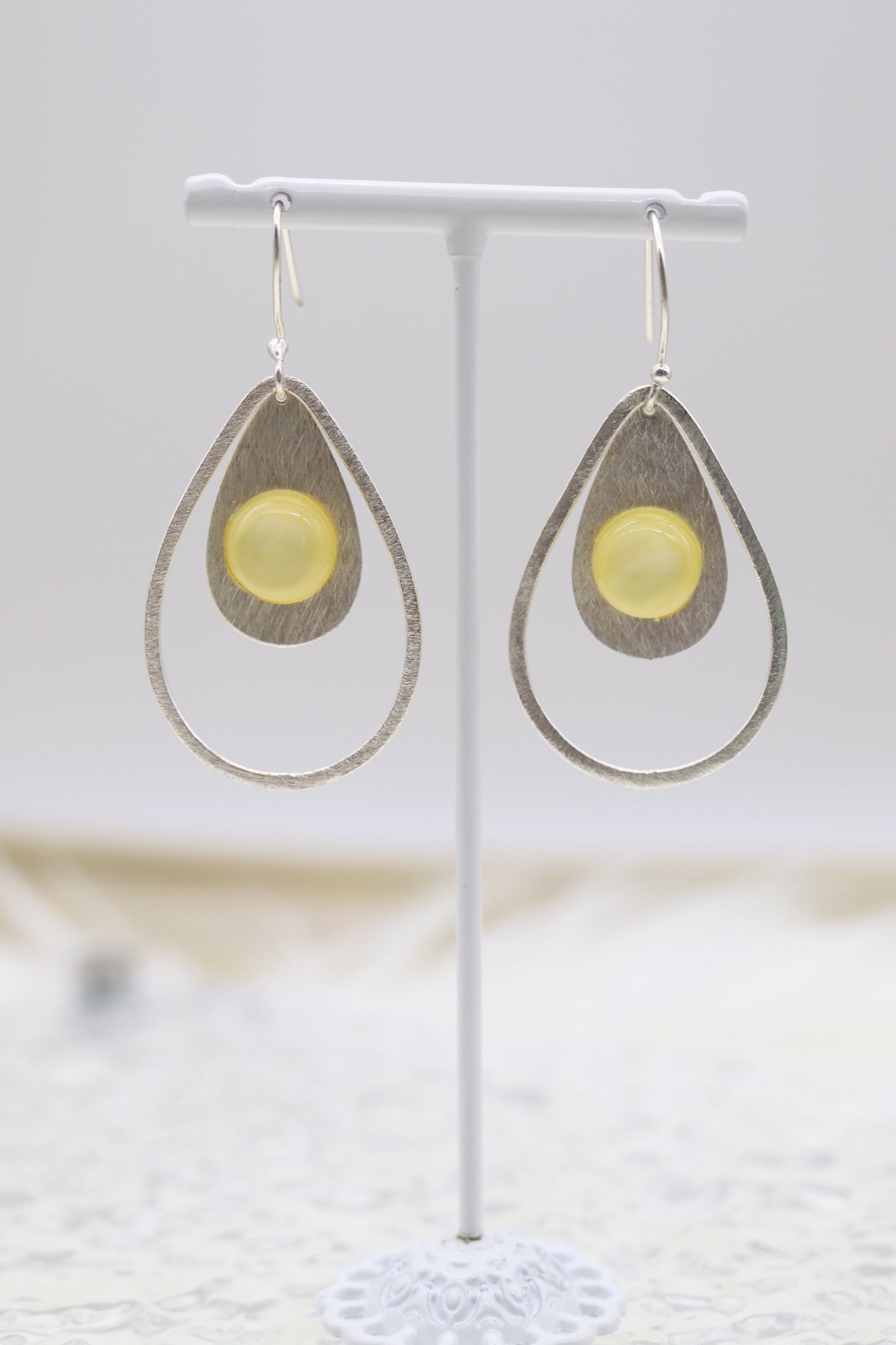 Silver Beaded Necklace With Yellow Acrylic Teardrop Dangling Pendant