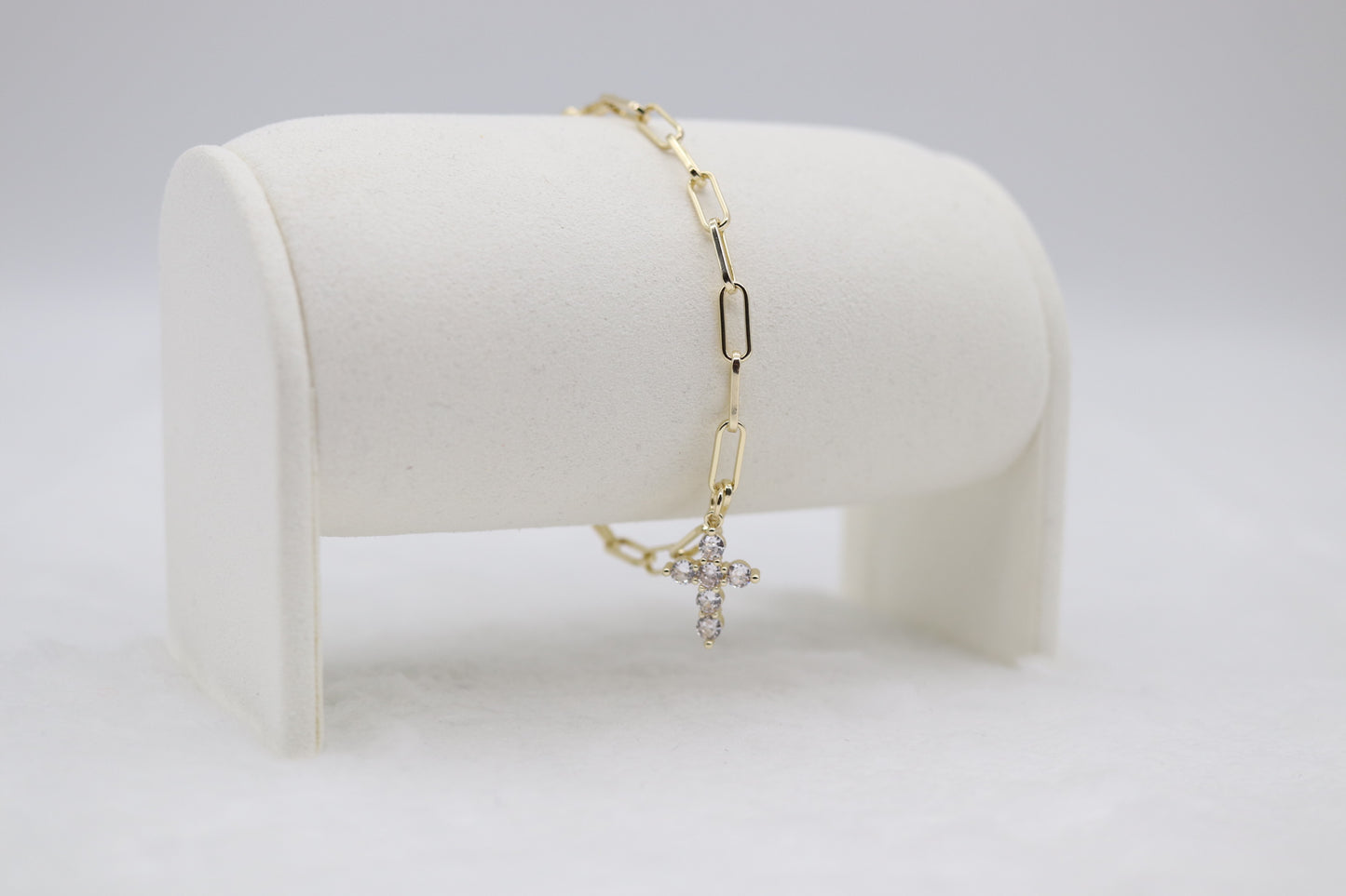 Gold Paperclip Chain Bracelet with CZ Cross Charm