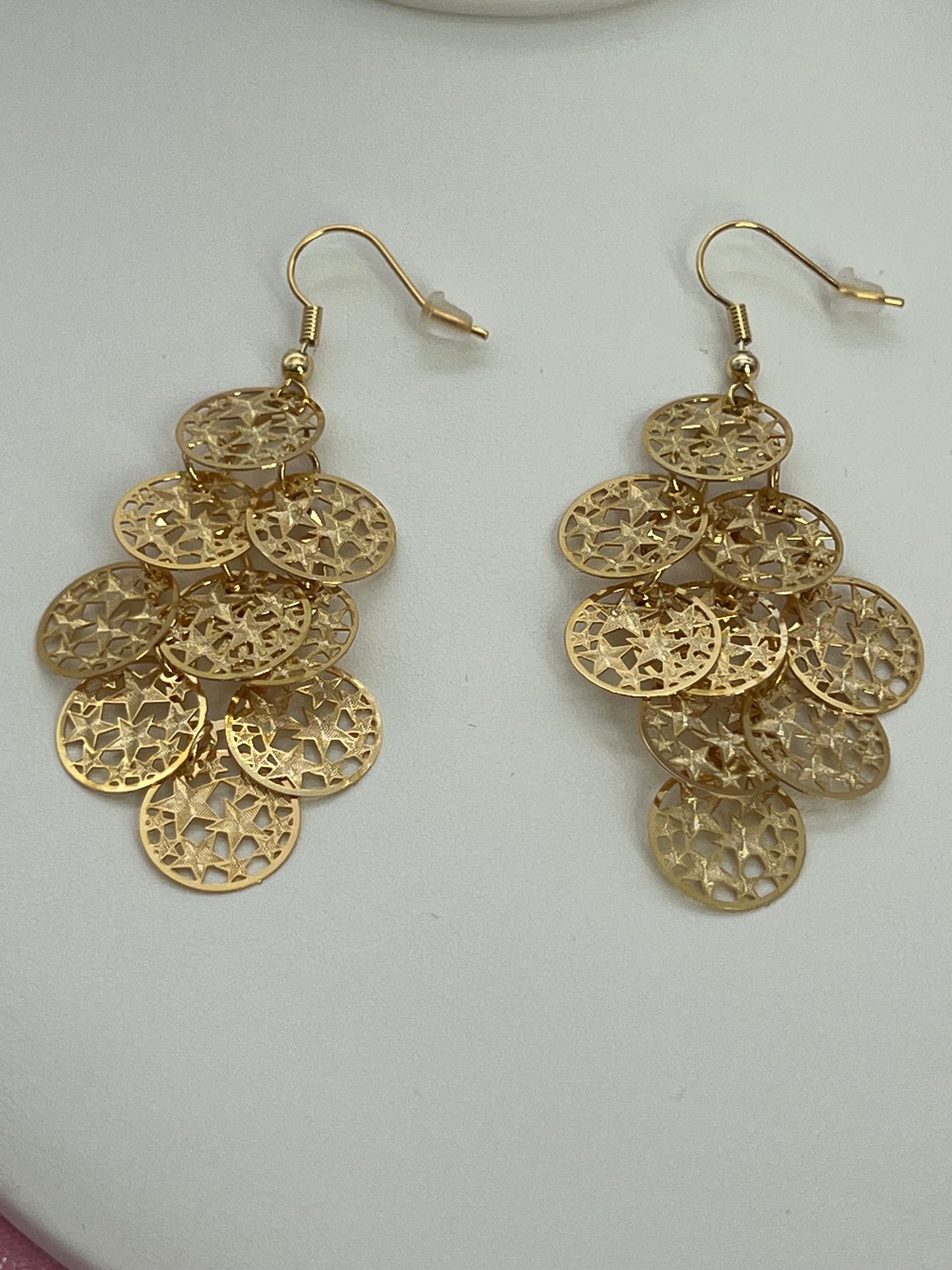 Bohemian Multi Layered Filigree Cut Out Star Circles Dangle Drop Long Statement Earrings, Gold